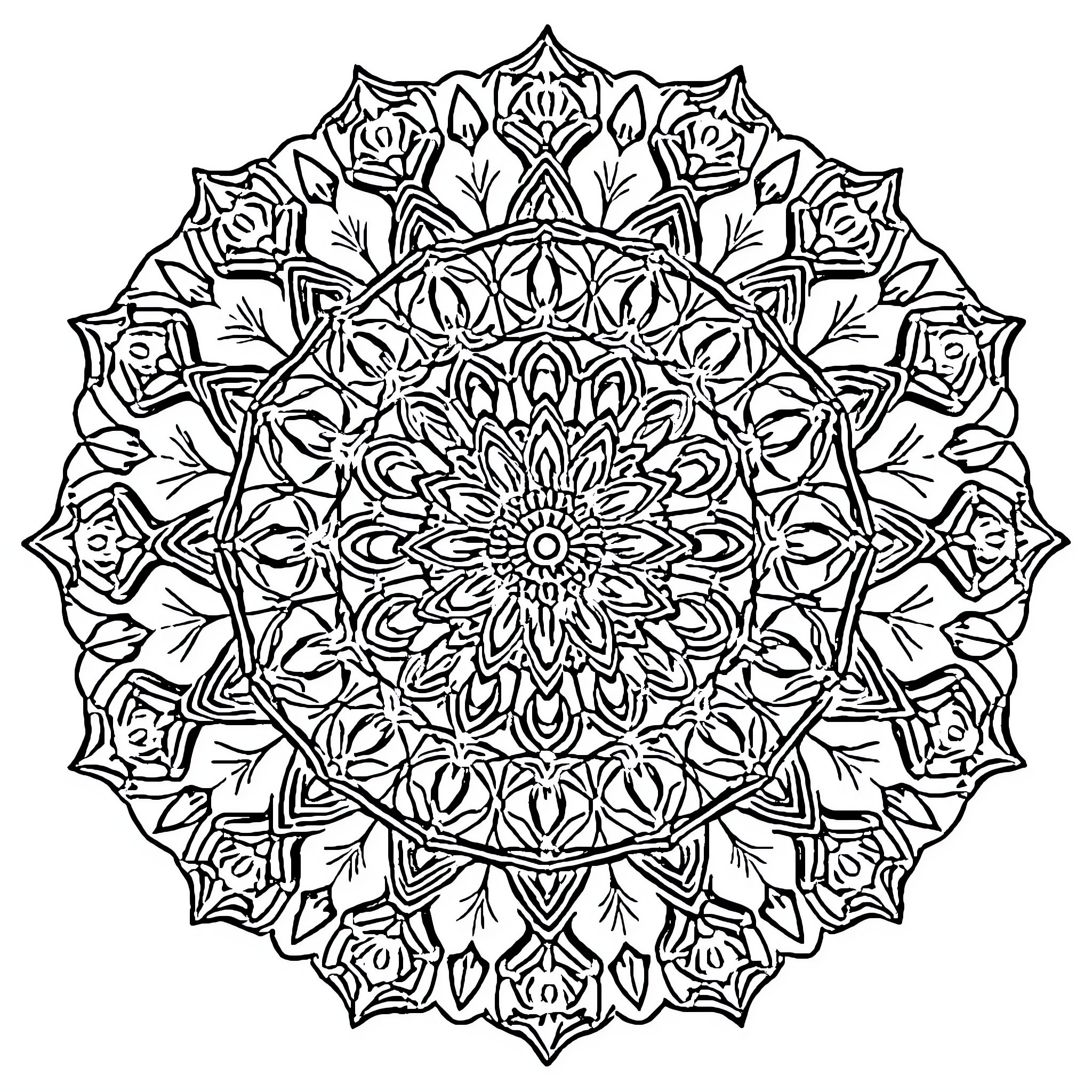 Mandala of intricate floral patterns Coloring Page (free black-and-white line drawing printable PDF for all, from beginners to advanced learners, including children, teens, adults, and seniors)