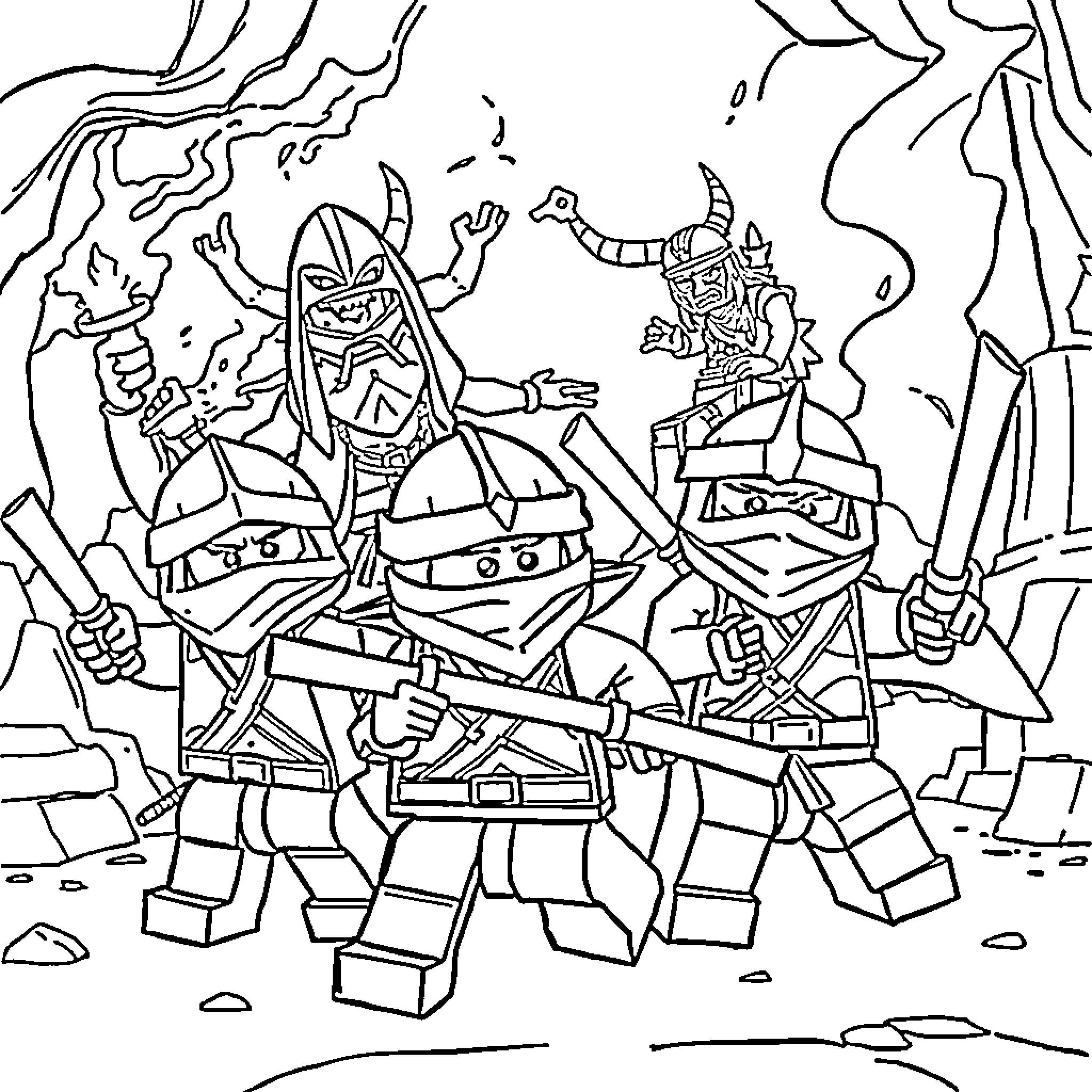 Ninjago warriors in fierce battle Coloring Page (free black-and-white line drawing printable PDF for all, from beginners to advanced learners, including children, teens, adults, and seniors)