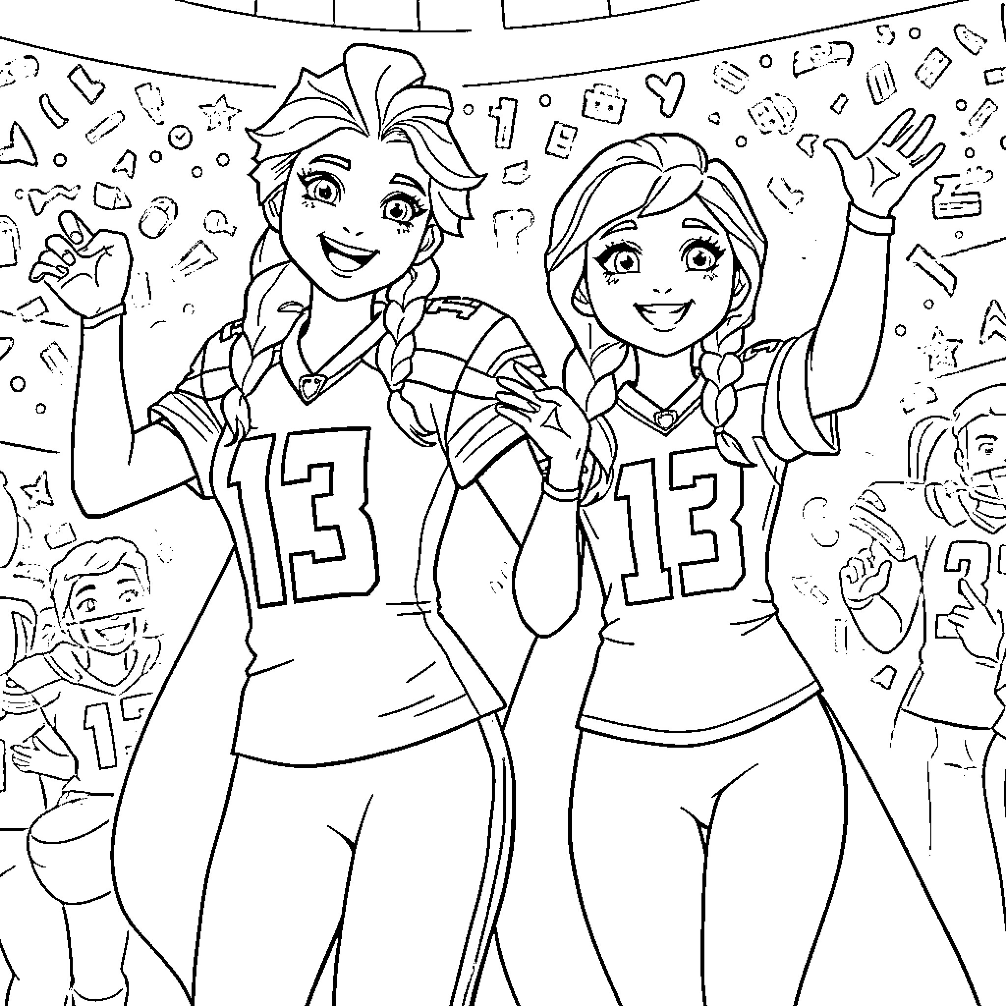 Elsa and Anna Cheering Excitedly in Sports Uniforms Coloring Page (free black-and-white line drawing printable PDF for all, from beginners to advanced learners, including children, teens, adults, and seniors)