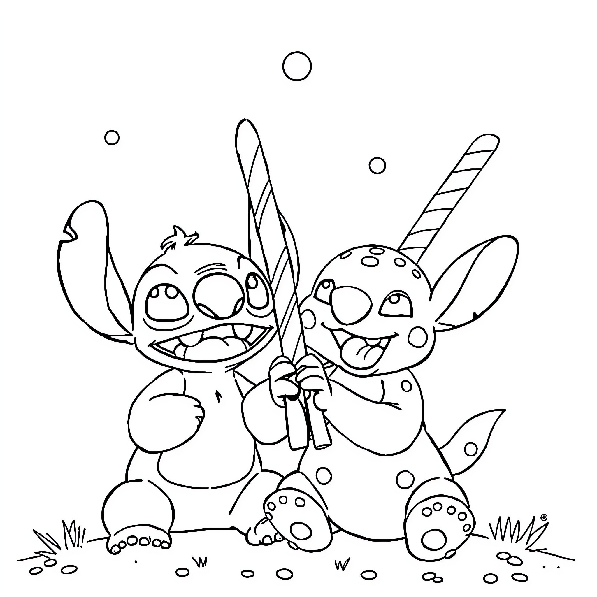 Stitch and Scrump Playing in a Whimsical Scene Coloring Page (free black-and-white line drawing printable PDF for all, from beginners to advanced learners, including children, teens, adults, and seniors)