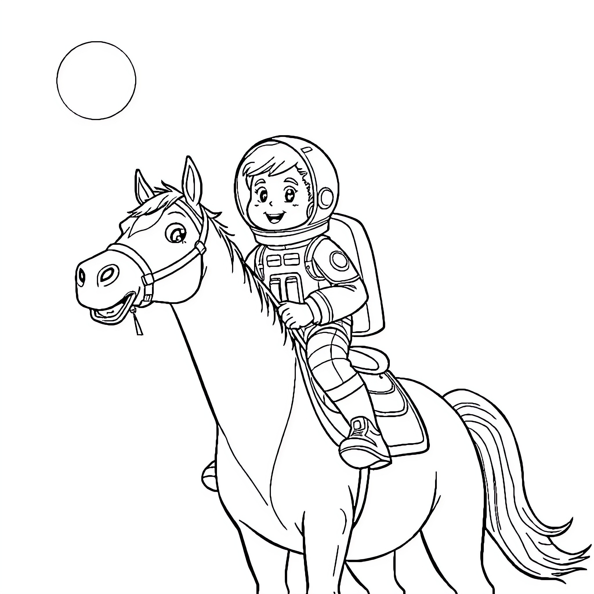 Cody's Outer Space Horse Riding Adventure Coloring Page (free black-and-white line drawing printable PDF for all, from beginners to advanced learners, including children, teens, adults, and seniors)