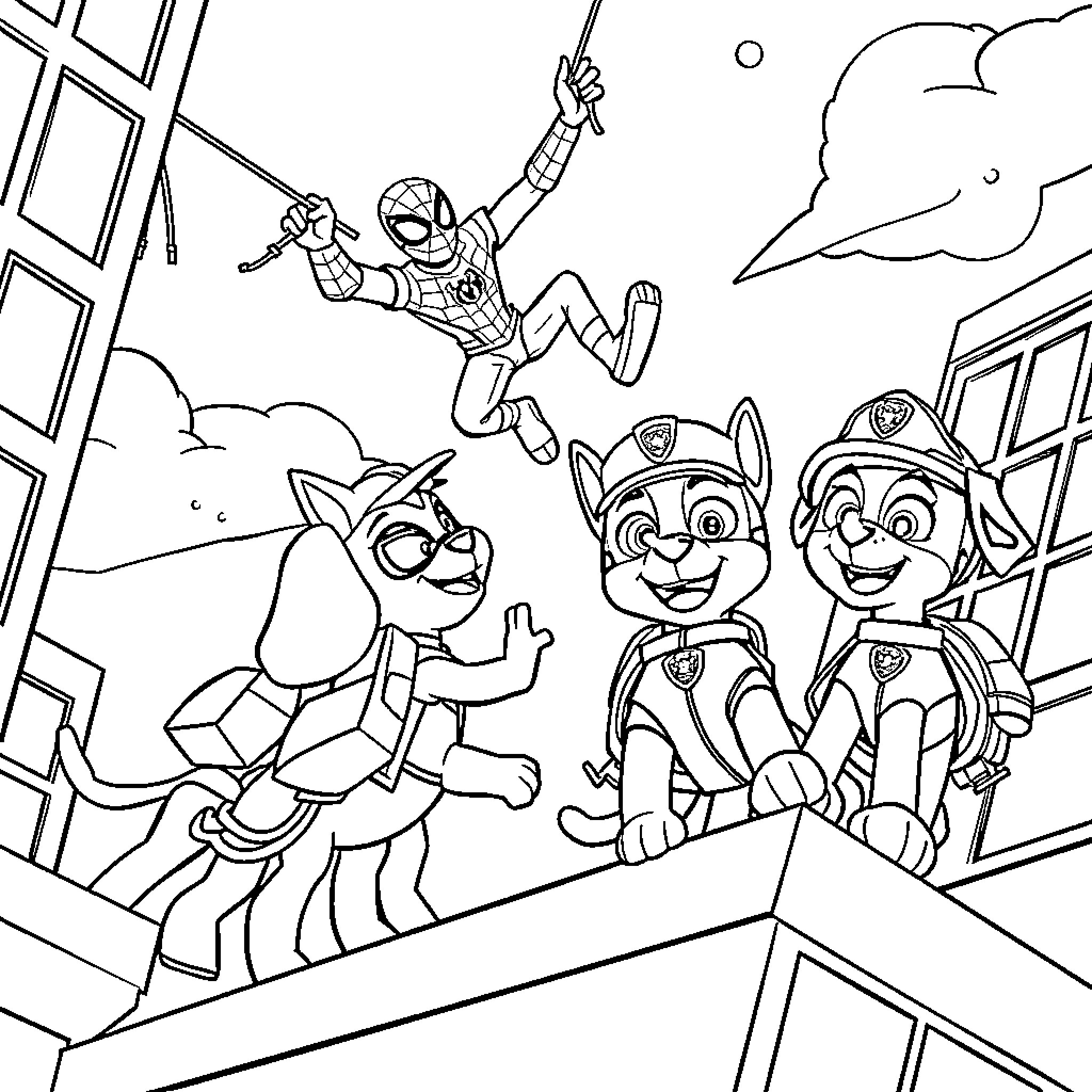 Paw Patrol Characters Saving the Day Coloring Page (free black-and-white line drawing printable PDF for all, from beginners to advanced learners, including children, teens, adults, and seniors)