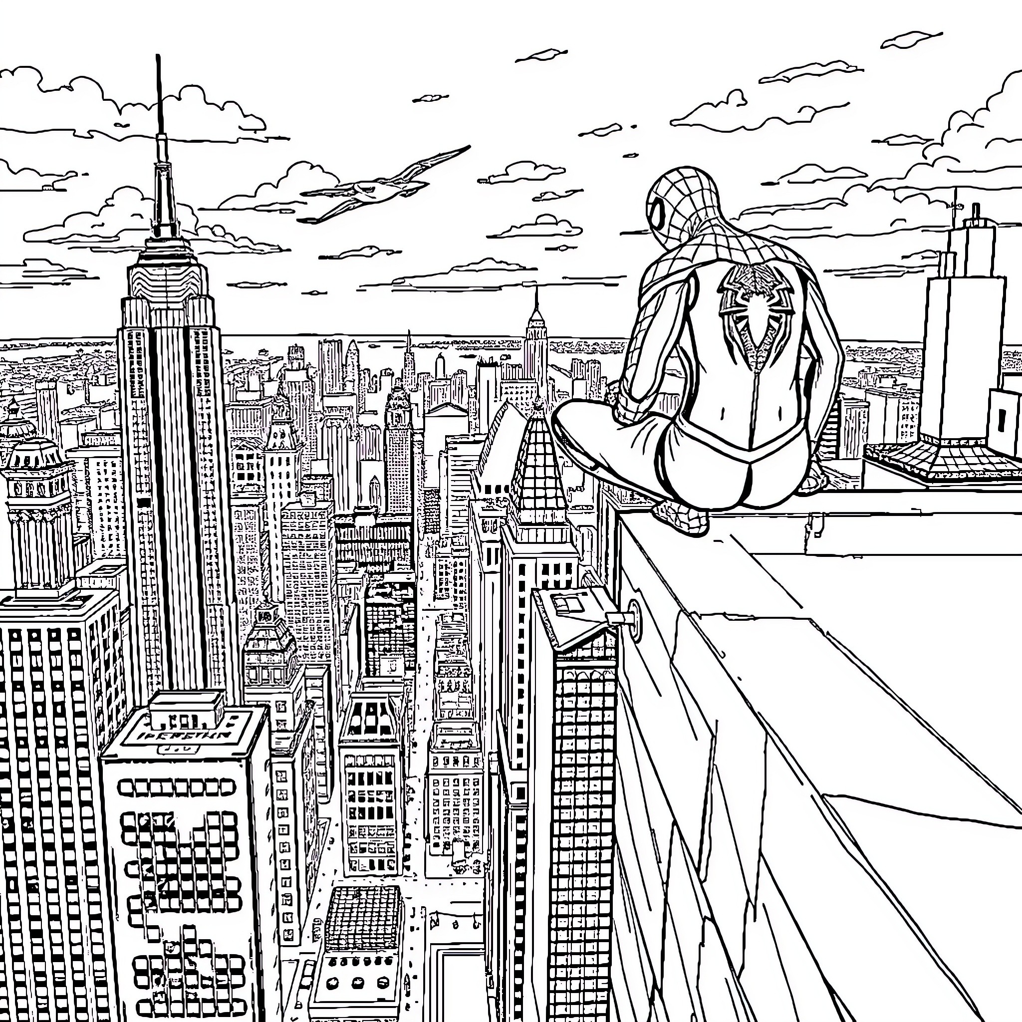 Spiderman overlooking the city skyline Coloring Page (free black-and-white line drawing printable PDF for all, from beginners to advanced learners, including children, teens, adults, and seniors)