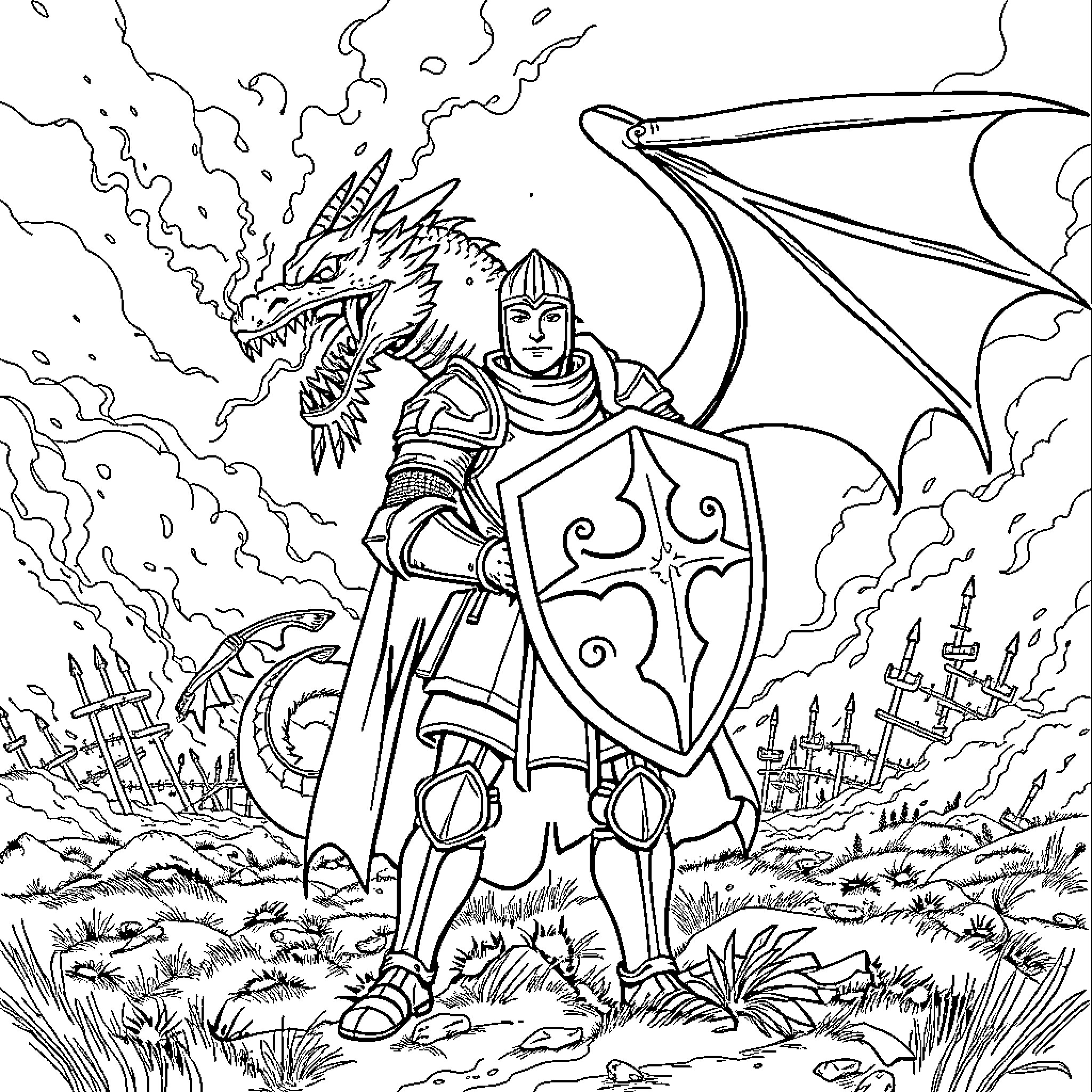 Knight facing off with a mighty dragon Coloring Page (free black-and-white line drawing printable PDF for all, from beginners to advanced learners, including children, teens, adults, and seniors)