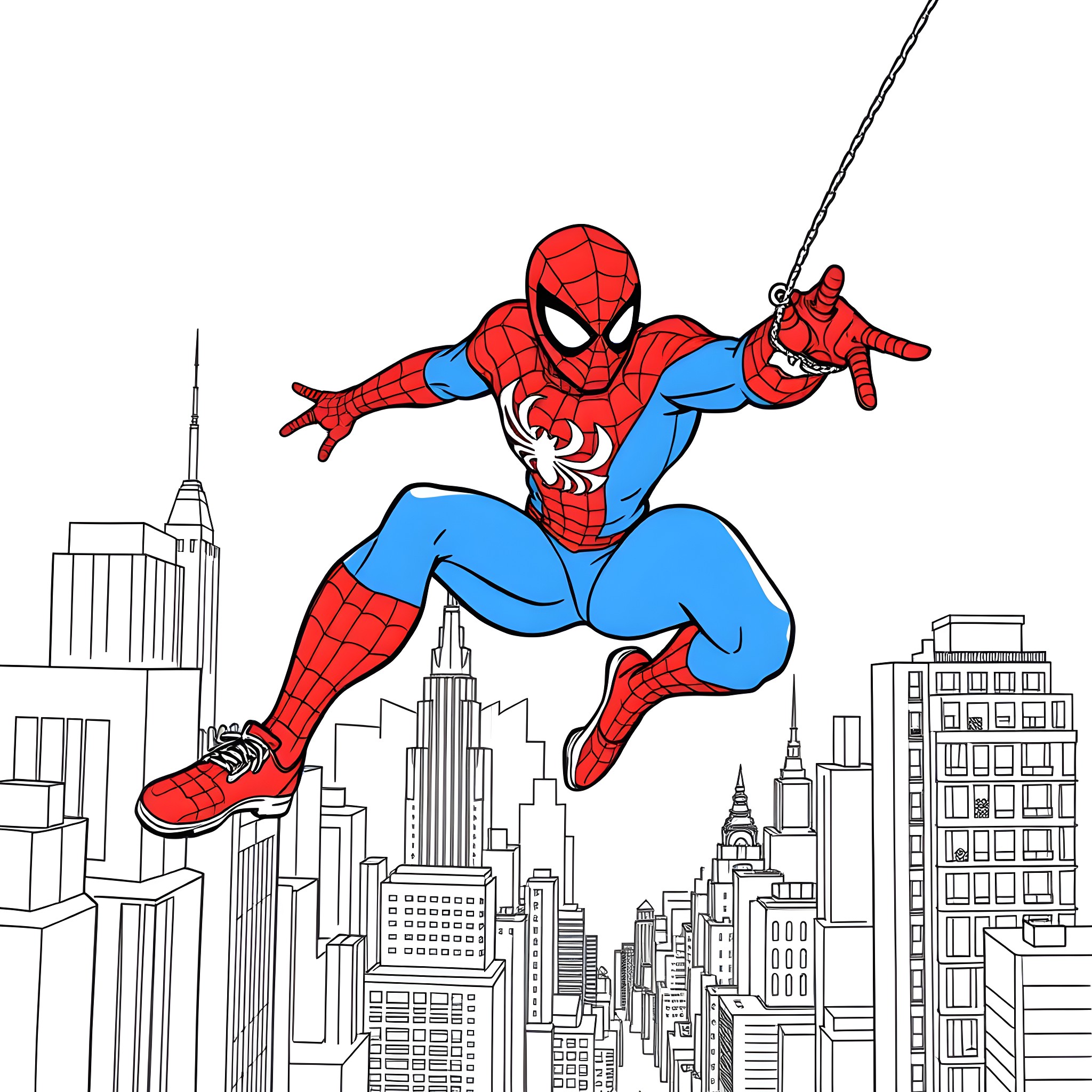 Spiderman swinging heroically through the city skyline Coloring Page (free black-and-white line drawing printable PDF for all, from beginners to advanced learners, including children, teens, adults, and seniors)