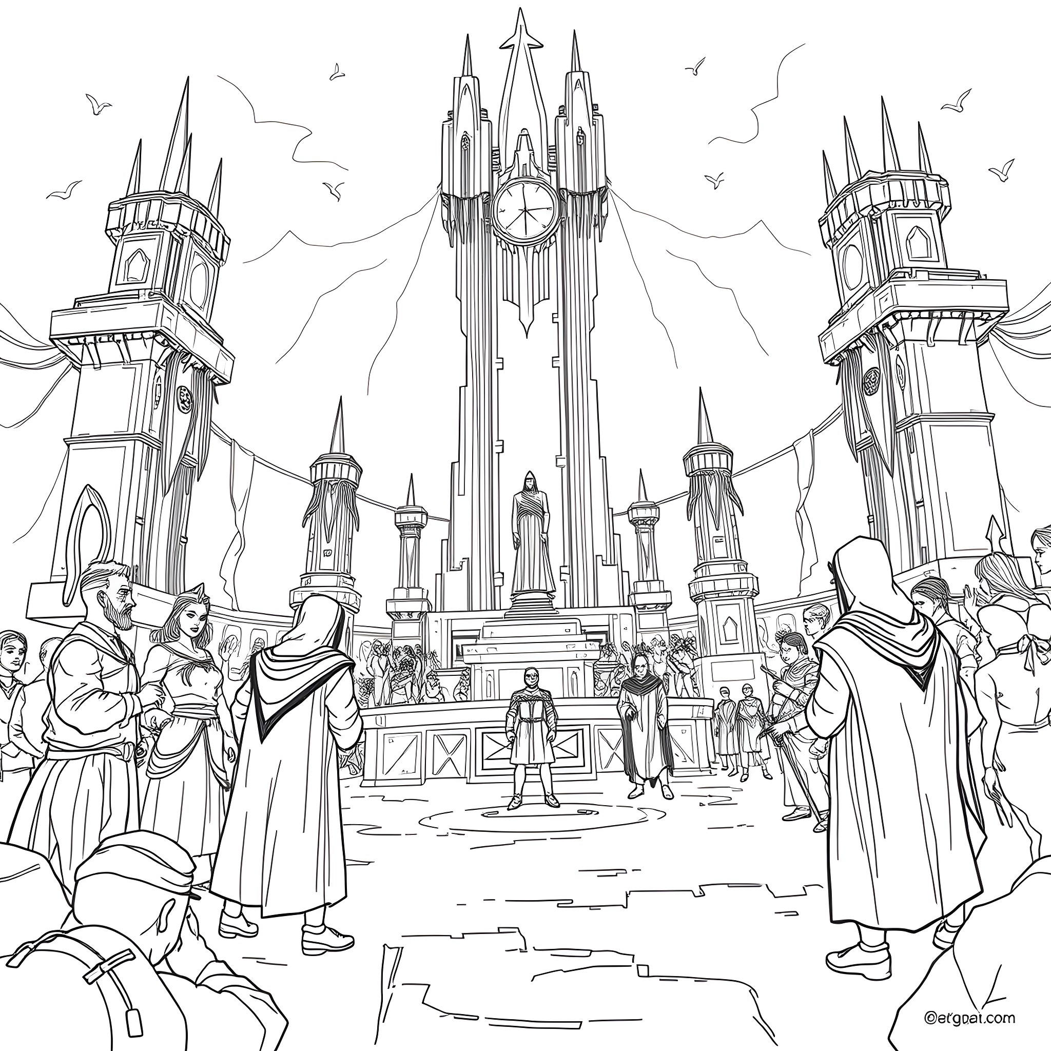 Squid Game: Surreal Structures and Enigmatic Figures Coloring Page (free black-and-white line drawing printable PDF for all, from beginners to advanced learners, including children, teens, adults, and seniors)