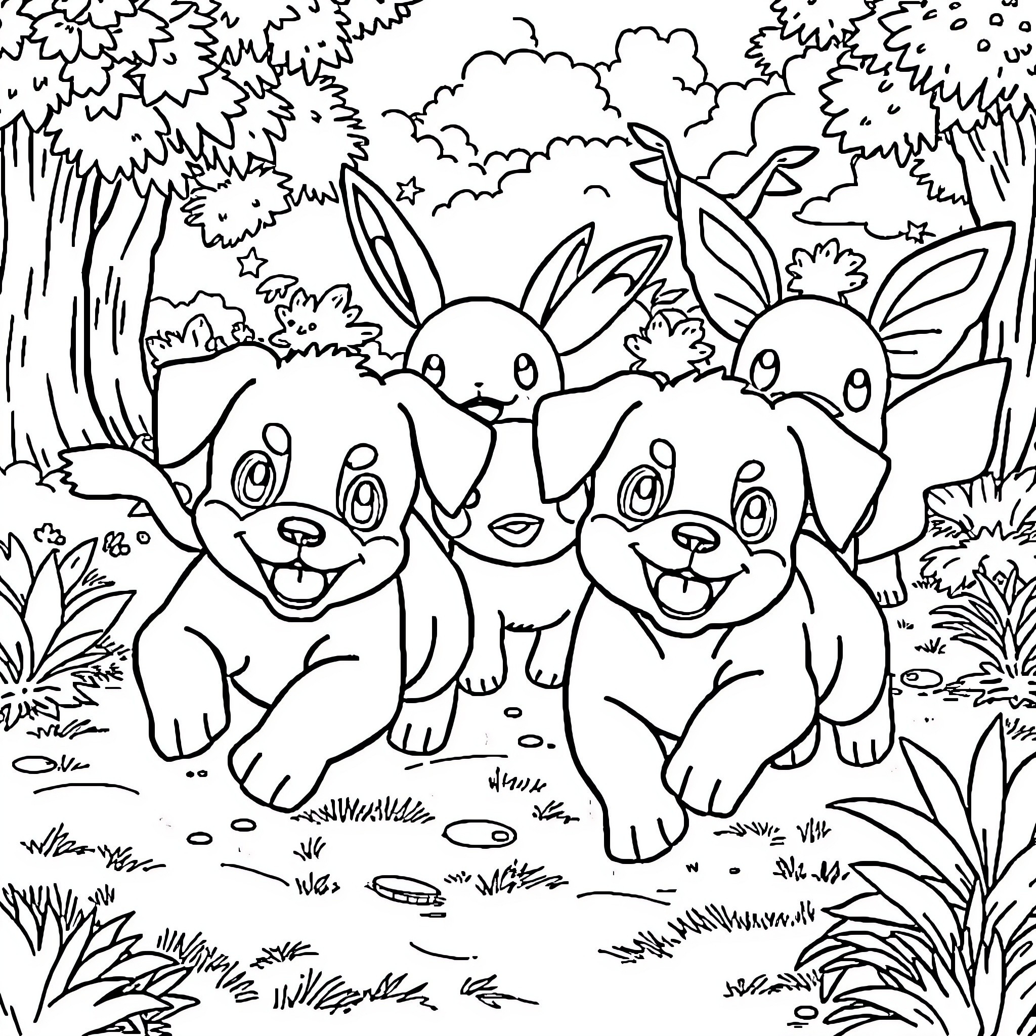 Puppy and Bunny Friends Explore the Outdoors Coloring Page (free black-and-white line drawing printable PDF for all, from beginners to advanced learners, including children, teens, adults, and seniors)