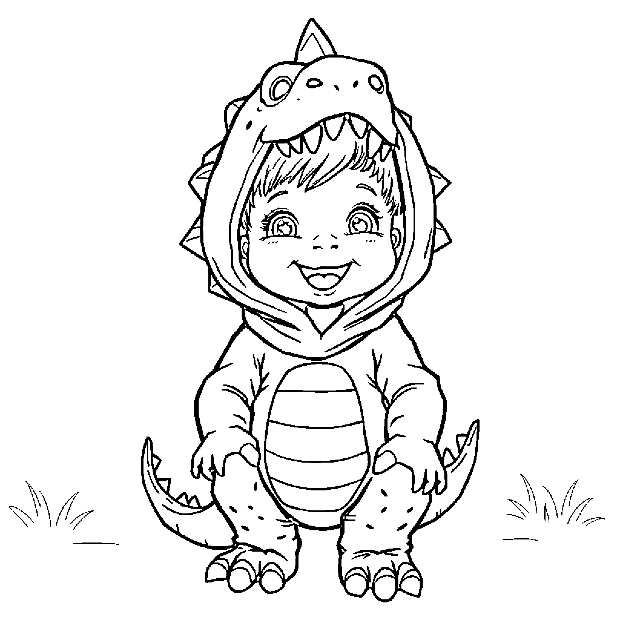 Toddler dressed in a dinosaur costume Coloring Page (free black-and-white line drawing printable PDF for all, from beginners to advanced learners, including children, teens, adults, and seniors)