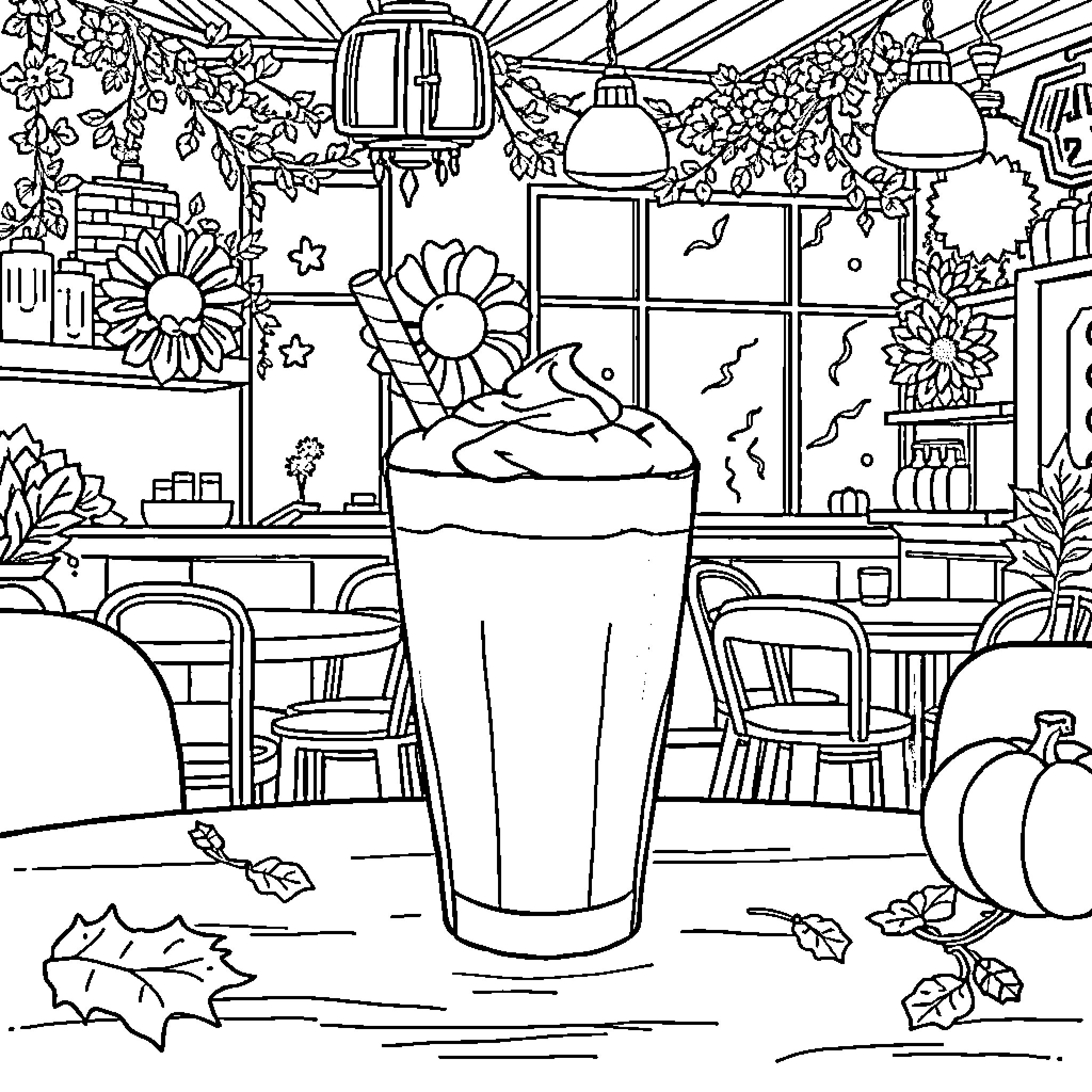 Pumpkin-Themed Cafe Scene with Decorations Coloring Page (free black-and-white line drawing printable PDF for all, from beginners to advanced learners, including children, teens, adults, and seniors)