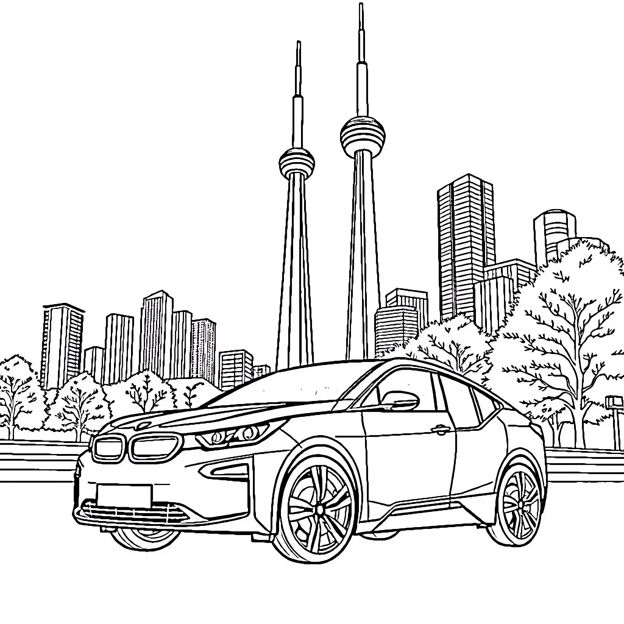 Car in urban city landscape with skyscrapers Coloring Page (free black-and-white line drawing printable PDF for all, from beginners to advanced learners, including children, teens, adults, and seniors)