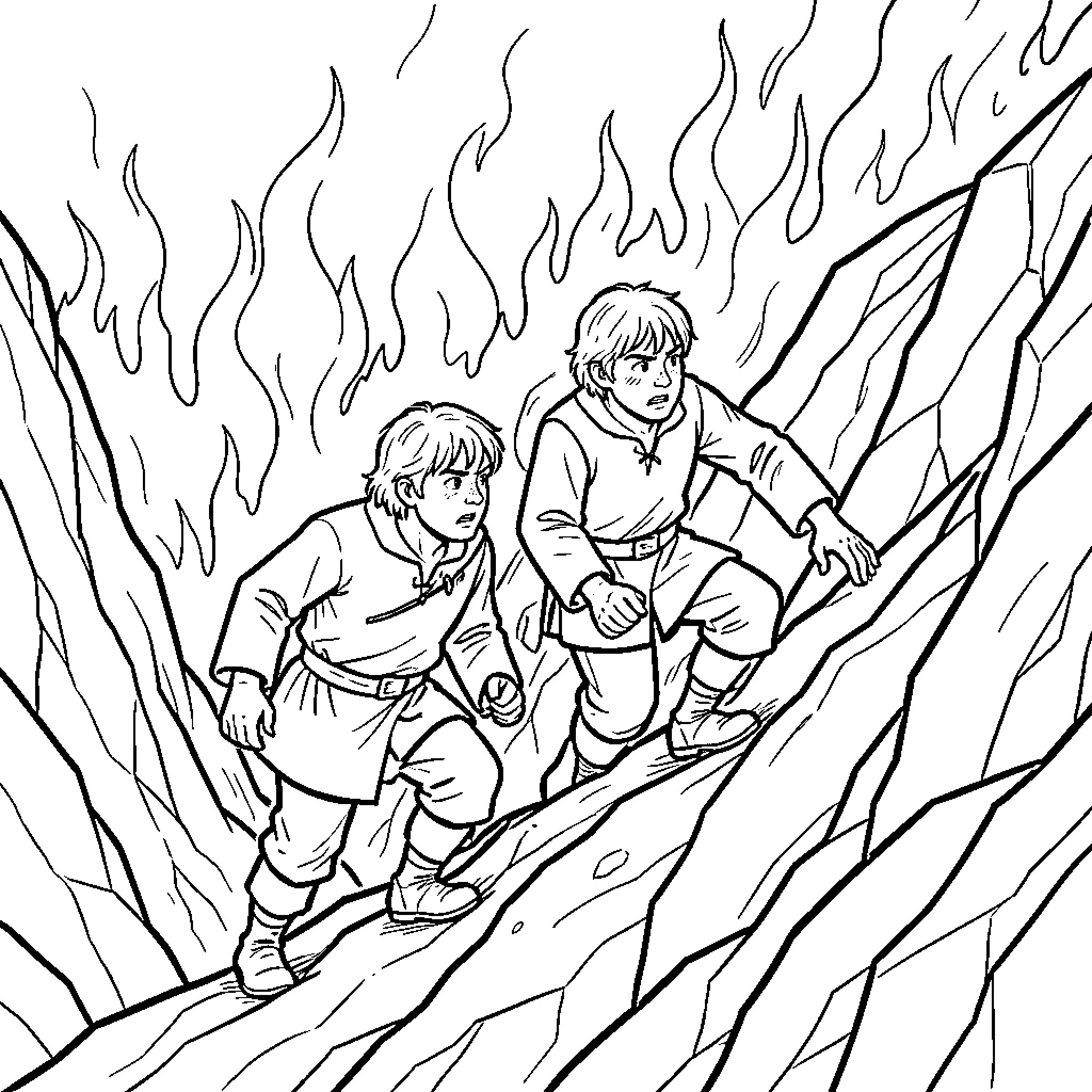 Frodo and Companions Traversing Treacherous Terrain Coloring Page (free black-and-white line drawing printable PDF for all, from beginners to advanced learners, including children, teens, adults, and seniors)