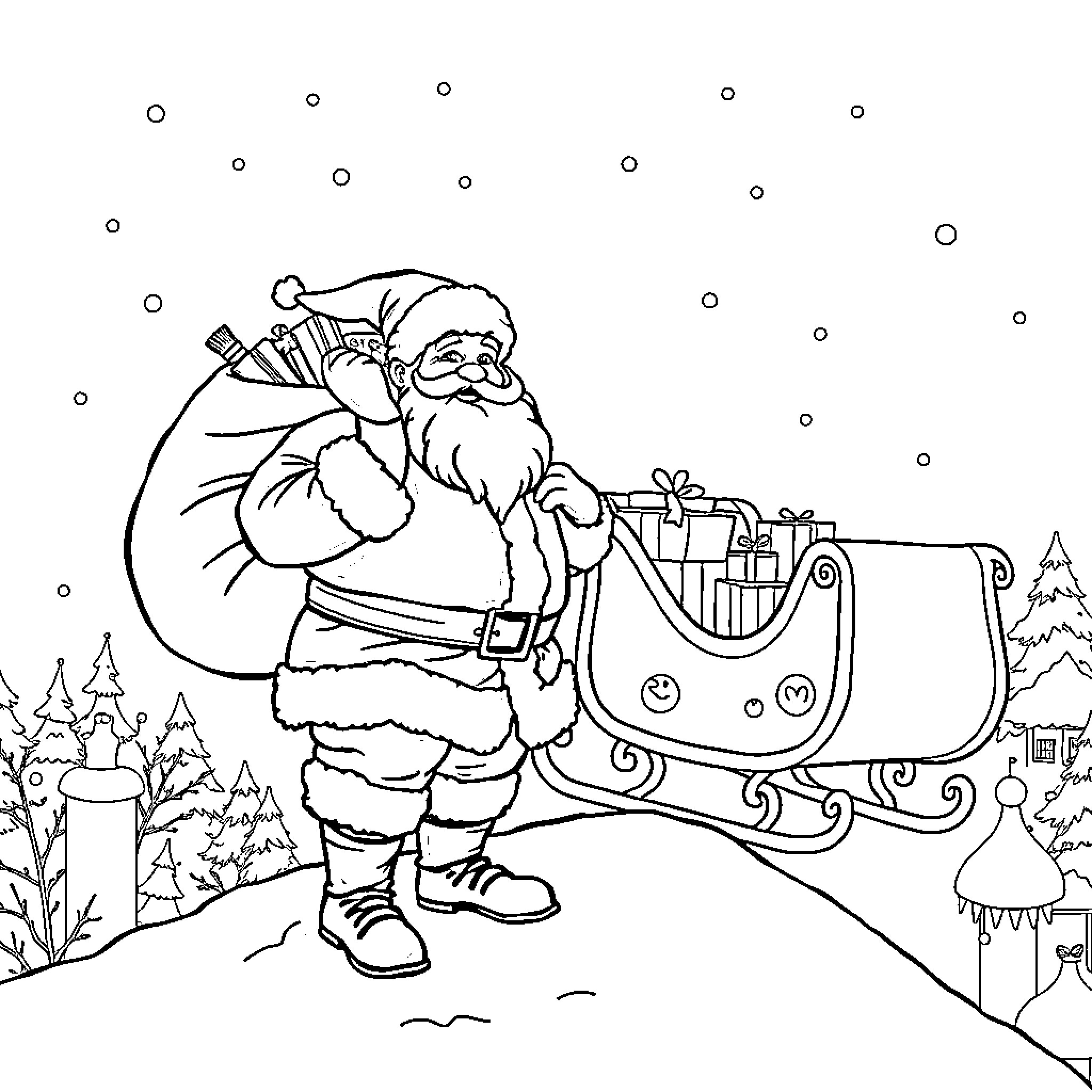 Santa Claus delivering gifts in winter wonderland Coloring Page (free black-and-white line drawing printable PDF for all, from beginners to advanced learners, including children, teens, adults, and seniors)