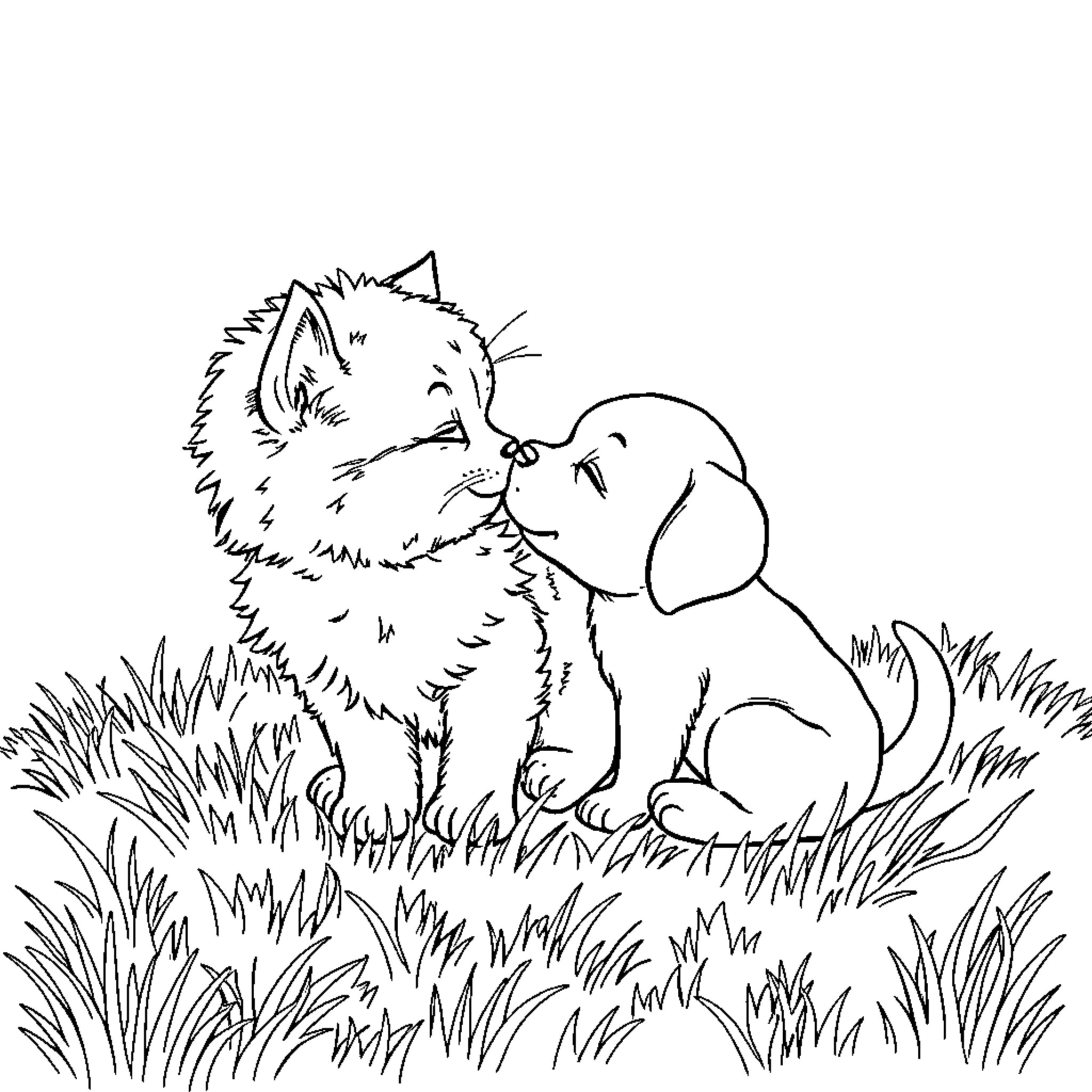 Kitten and puppy playing in the grass Coloring Page (free black-and-white line drawing printable PDF for all, from beginners to advanced learners, including children, teens, adults, and seniors)