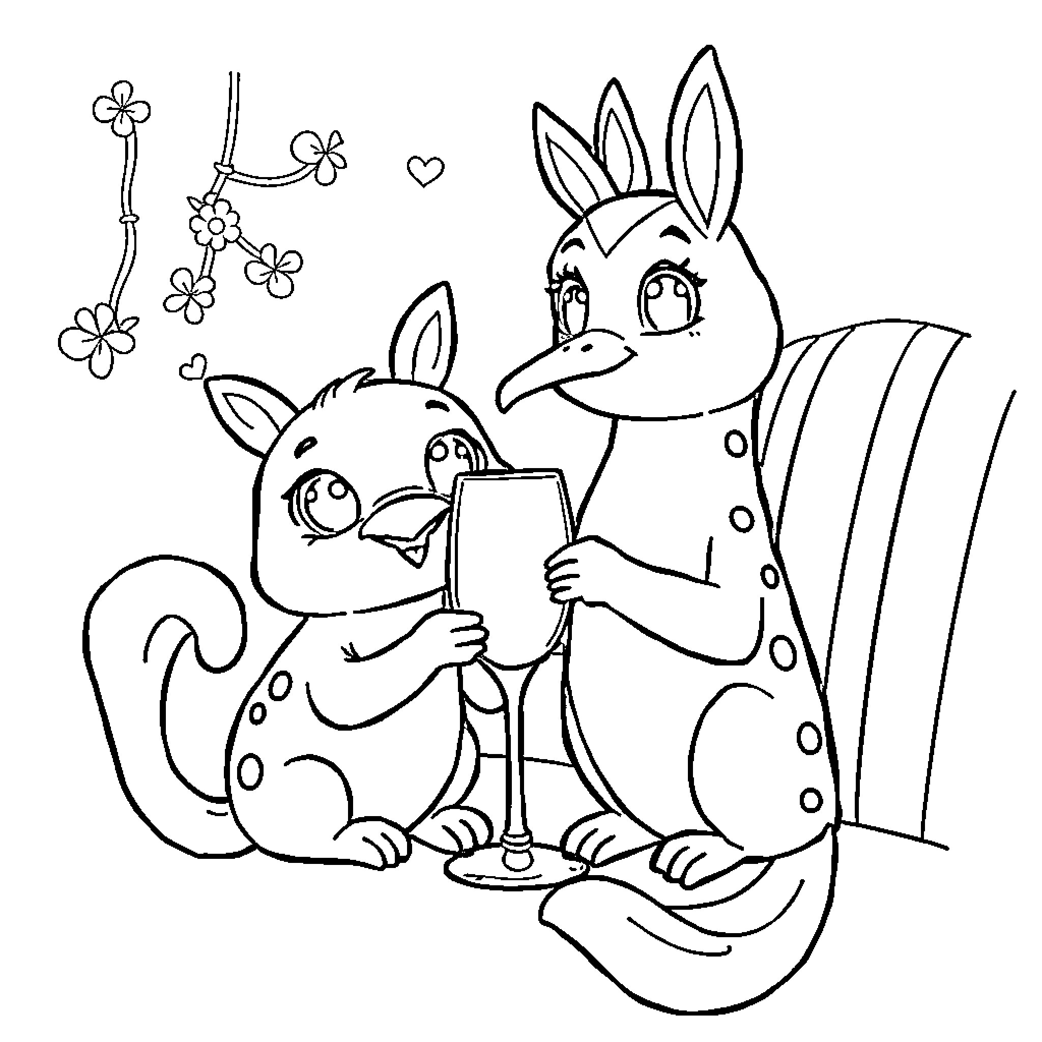 Buba rabbits enjoying a spring day Coloring Page (free black-and-white line drawing printable PDF for all, from beginners to advanced learners, including children, teens, adults, and seniors)