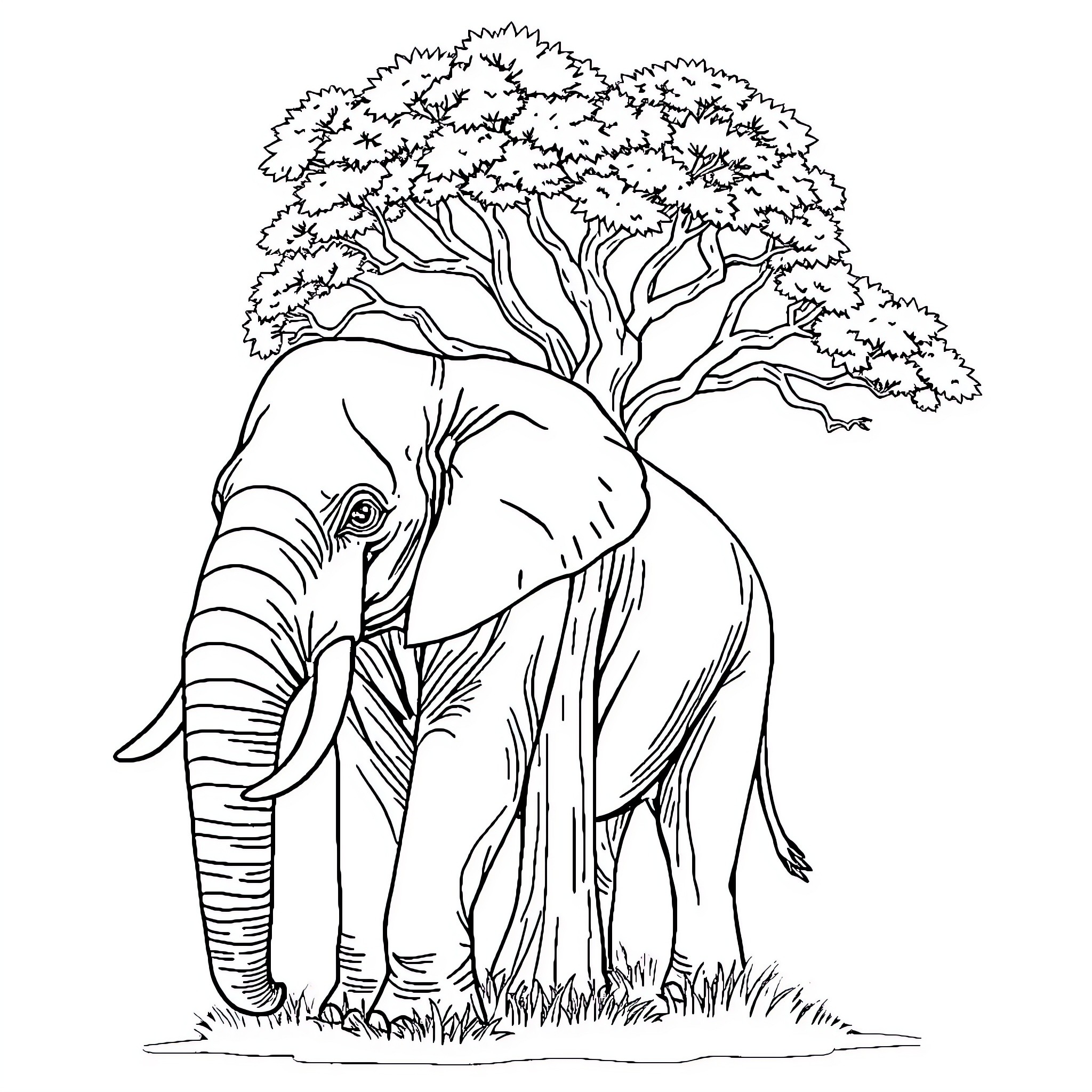 Elephant under a Shady Tree Coloring Page (free black-and-white line drawing printable PDF for all, from beginners to advanced learners, including children, teens, adults, and seniors)