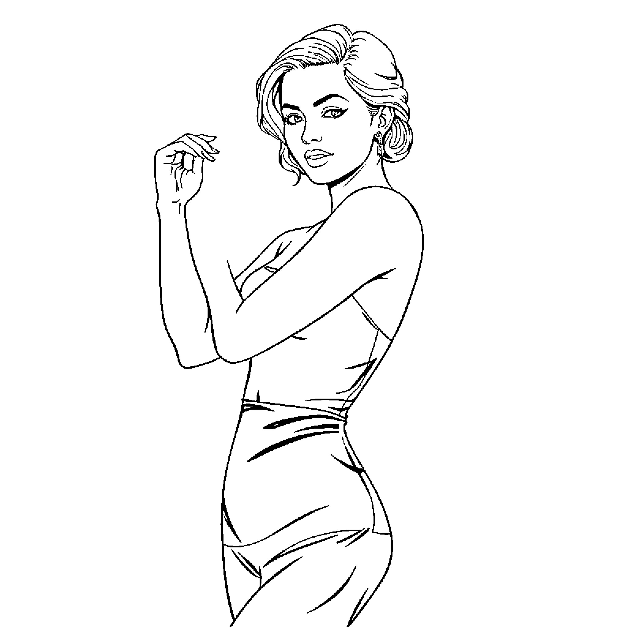 Woman in elegant dress posing confidently Coloring Page (free black-and-white line drawing printable PDF for all, from beginners to advanced learners, including children, teens, adults, and seniors)