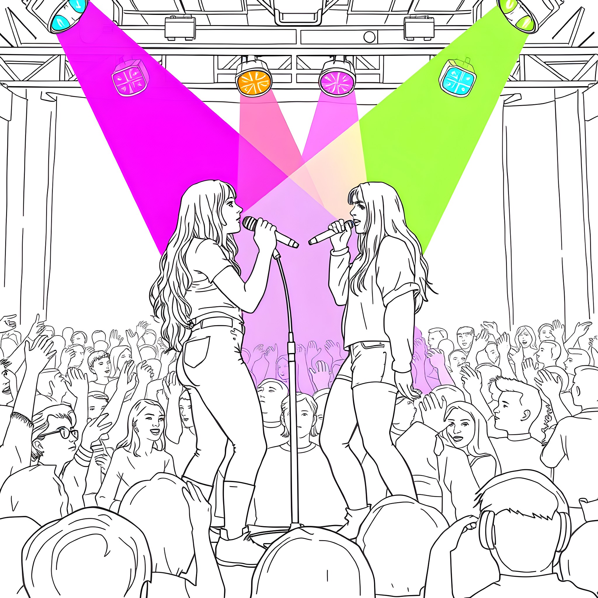 Sabrina Carpenter performing on stage with fans Coloring Page (free black-and-white line drawing printable PDF for all, from beginners to advanced learners, including children, teens, adults, and seniors)