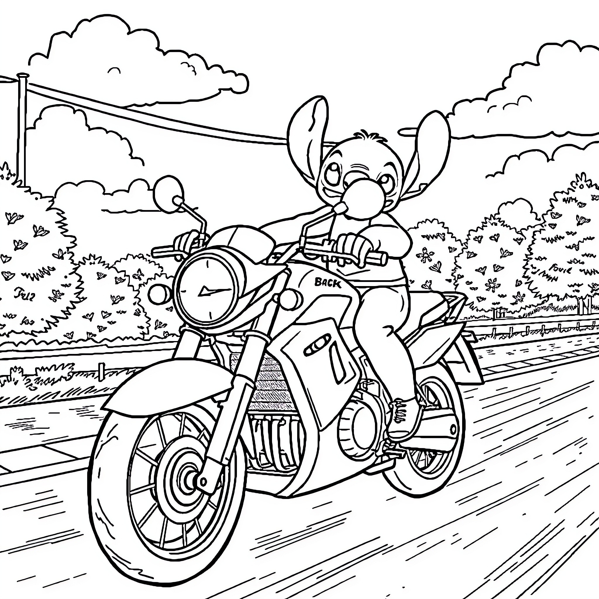 Motorcycle riding character in cartoon landscape Coloring Page (free black-and-white line drawing printable PDF for all, from beginners to advanced learners, including children, teens, adults, and seniors)