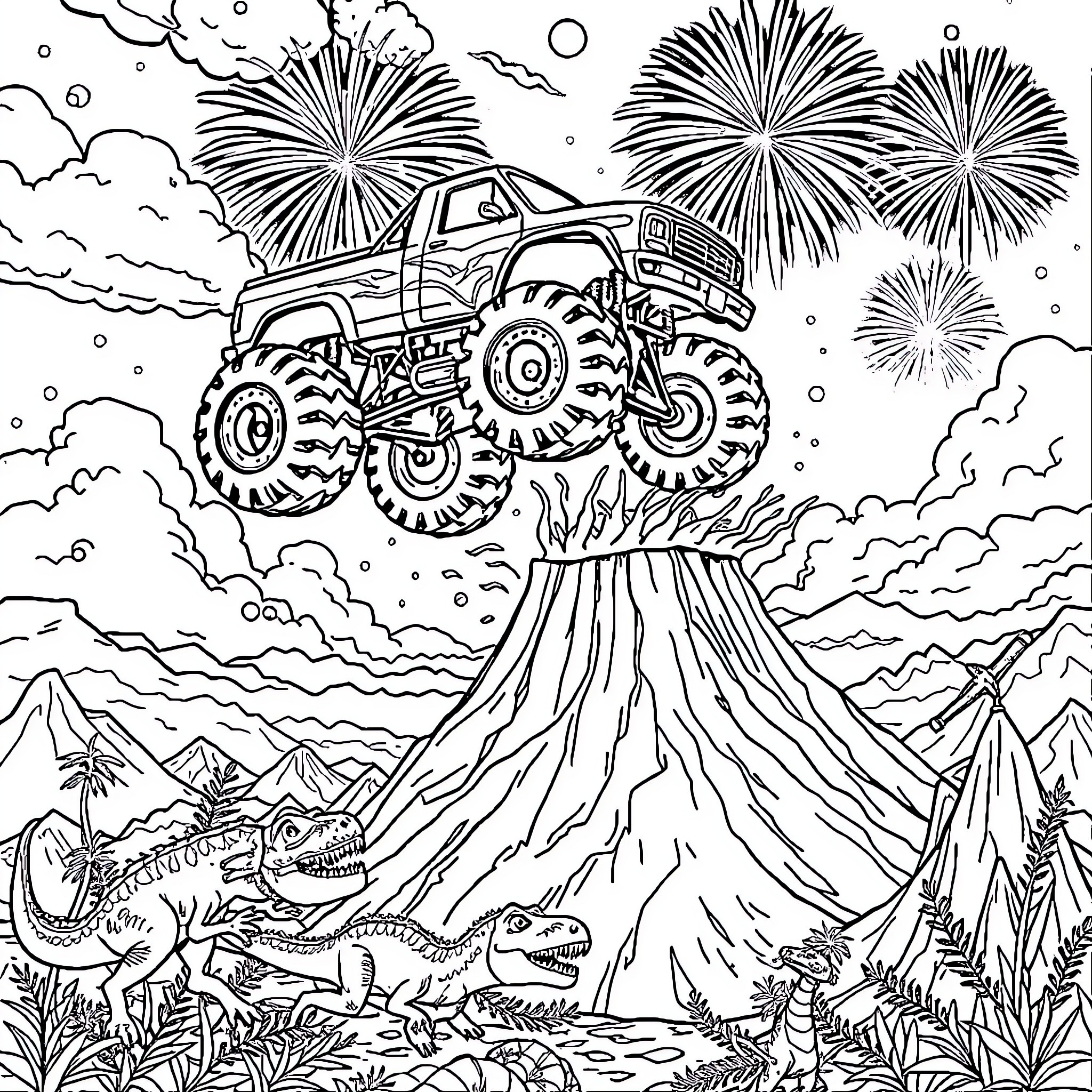 Monster Truck Soaring Over Volcanoes and Dinosaurs Coloring Page (free black-and-white line drawing printable PDF for all, from beginners to advanced learners, including children, teens, adults, and seniors)