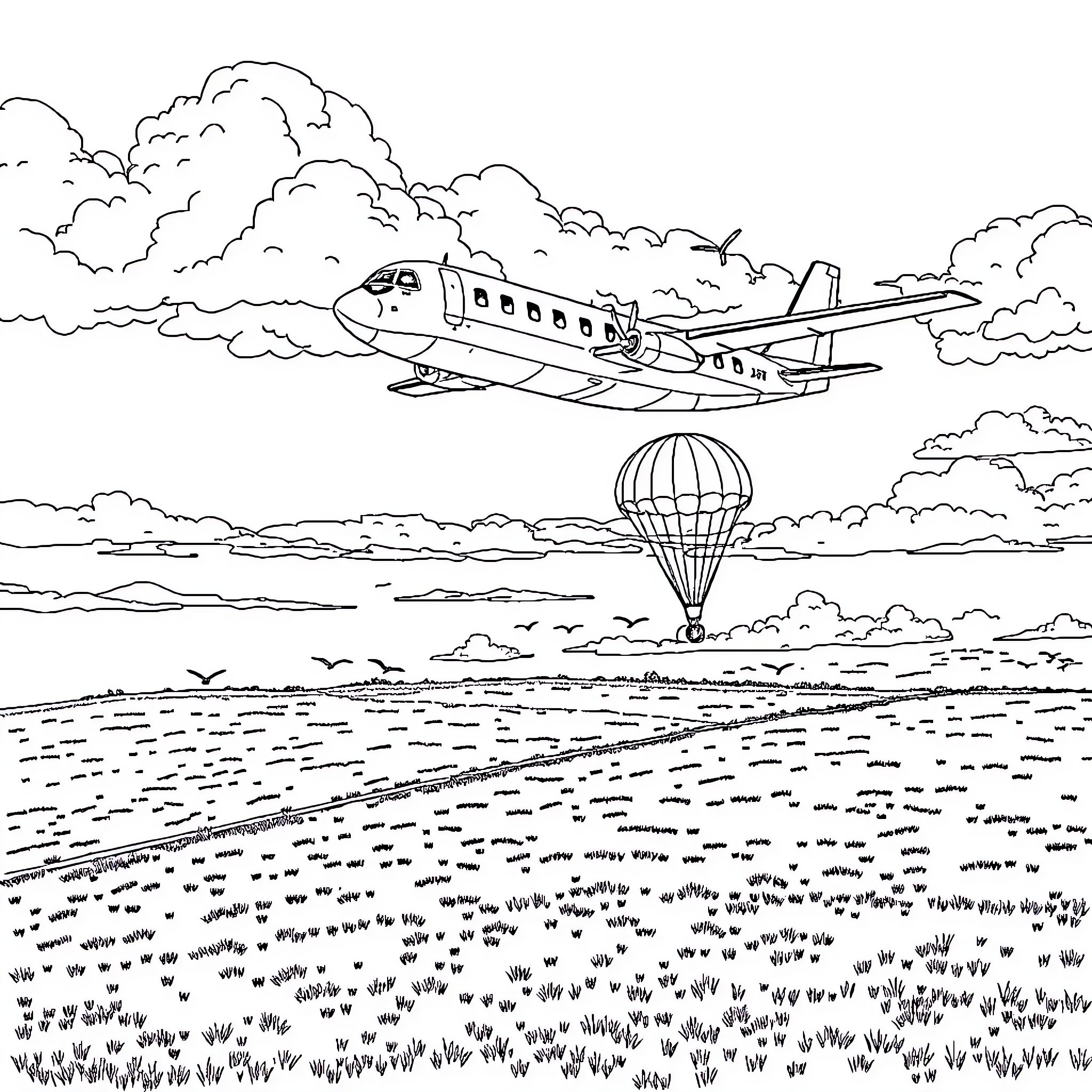Noratlas aircraft soaring above a grassy field with a hot air balloon Coloring Page (free black-and-white line drawing printable PDF for all, from beginners to advanced learners, including children, teens, adults, and seniors)