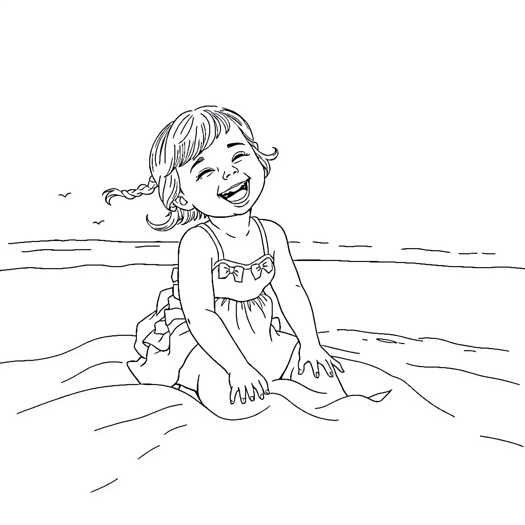 Girl playing joyfully in the waves Coloring Page (free black-and-white line drawing printable PDF for all, from beginners to advanced learners, including children, teens, adults, and seniors)