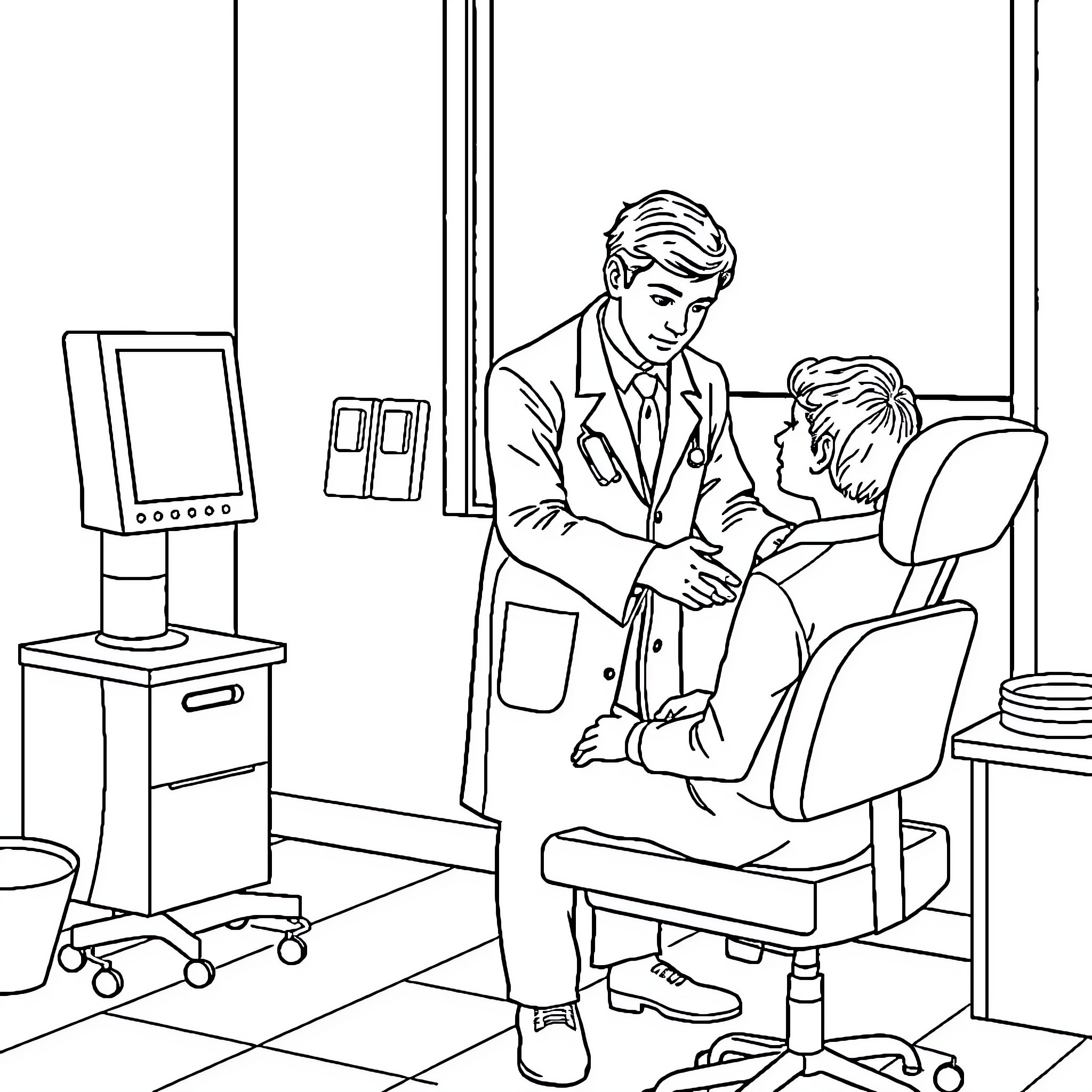 Doctor consulting patient in examination room Coloring Page (free black-and-white line drawing printable PDF for all, from beginners to advanced learners, including children, teens, adults, and seniors)