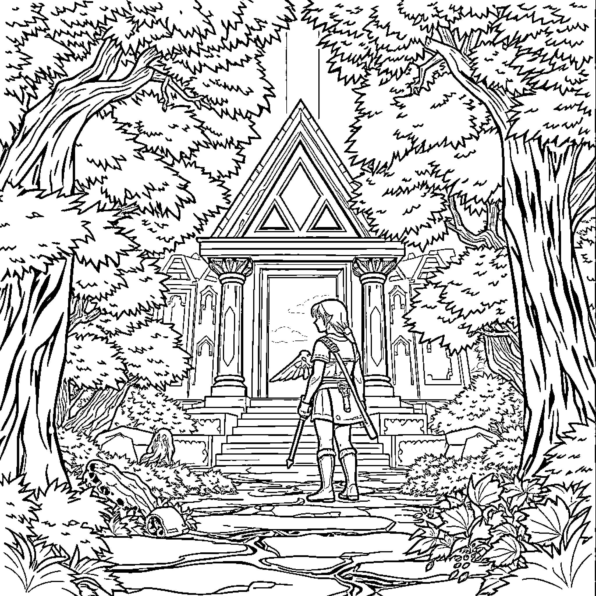 Link Exploring a Mysterious Forest Temple Coloring Page (free black-and-white line drawing printable PDF for all, from beginners to advanced learners, including children, teens, adults, and seniors)