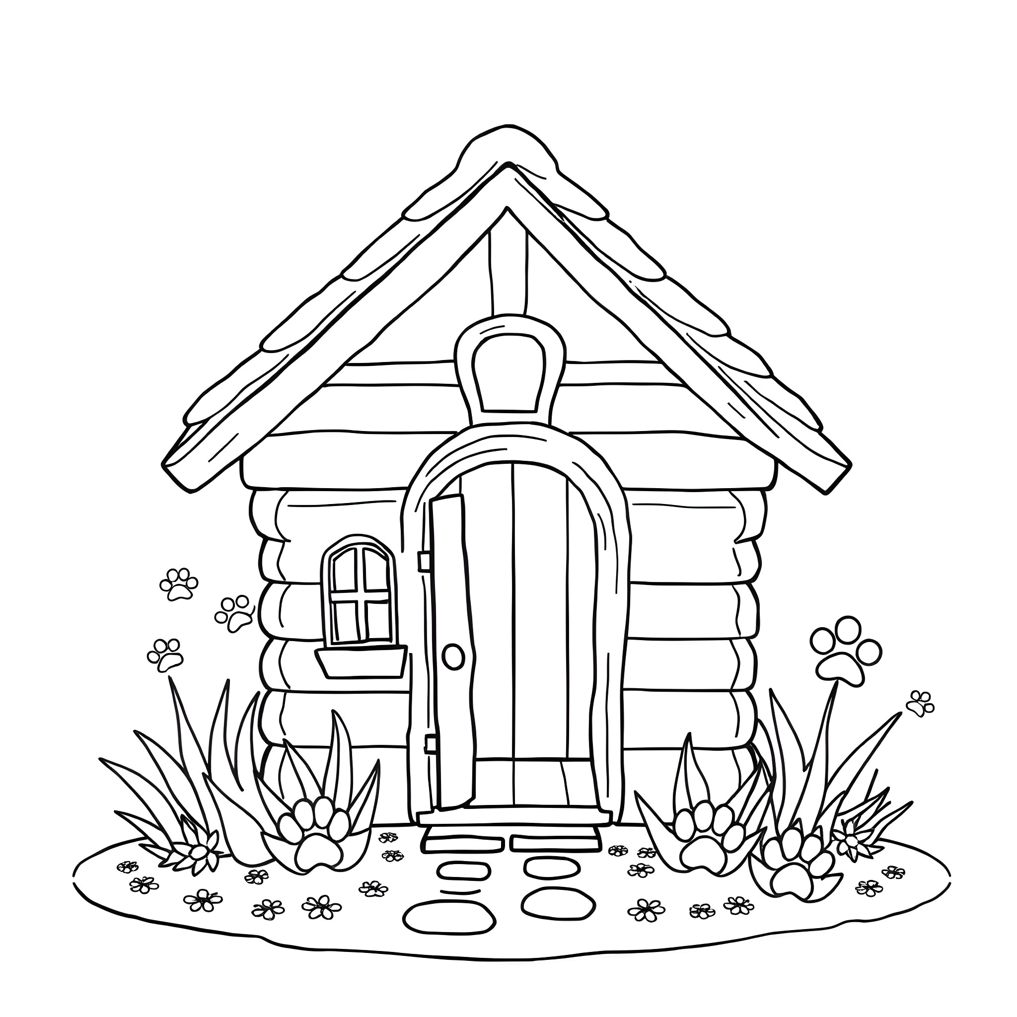 Dog House with Floral Decor Coloring Page (free black-and-white line drawing printable PDF for all, from beginners to advanced learners, including children, teens, adults, and seniors)