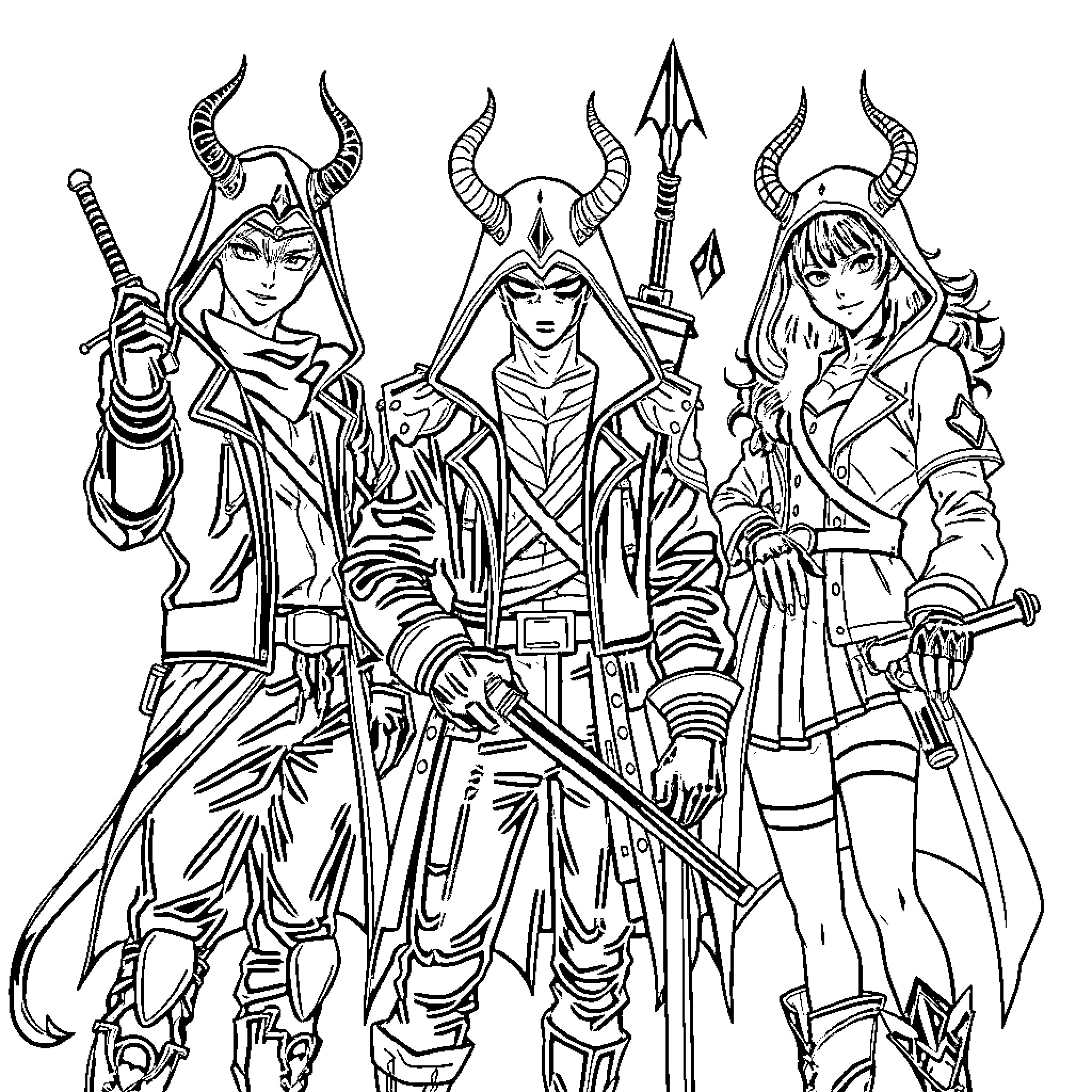 Demonhunter warriors in fierce battle attire Coloring Page (free black-and-white line drawing printable PDF for all, from beginners to advanced learners, including children, teens, adults, and seniors)