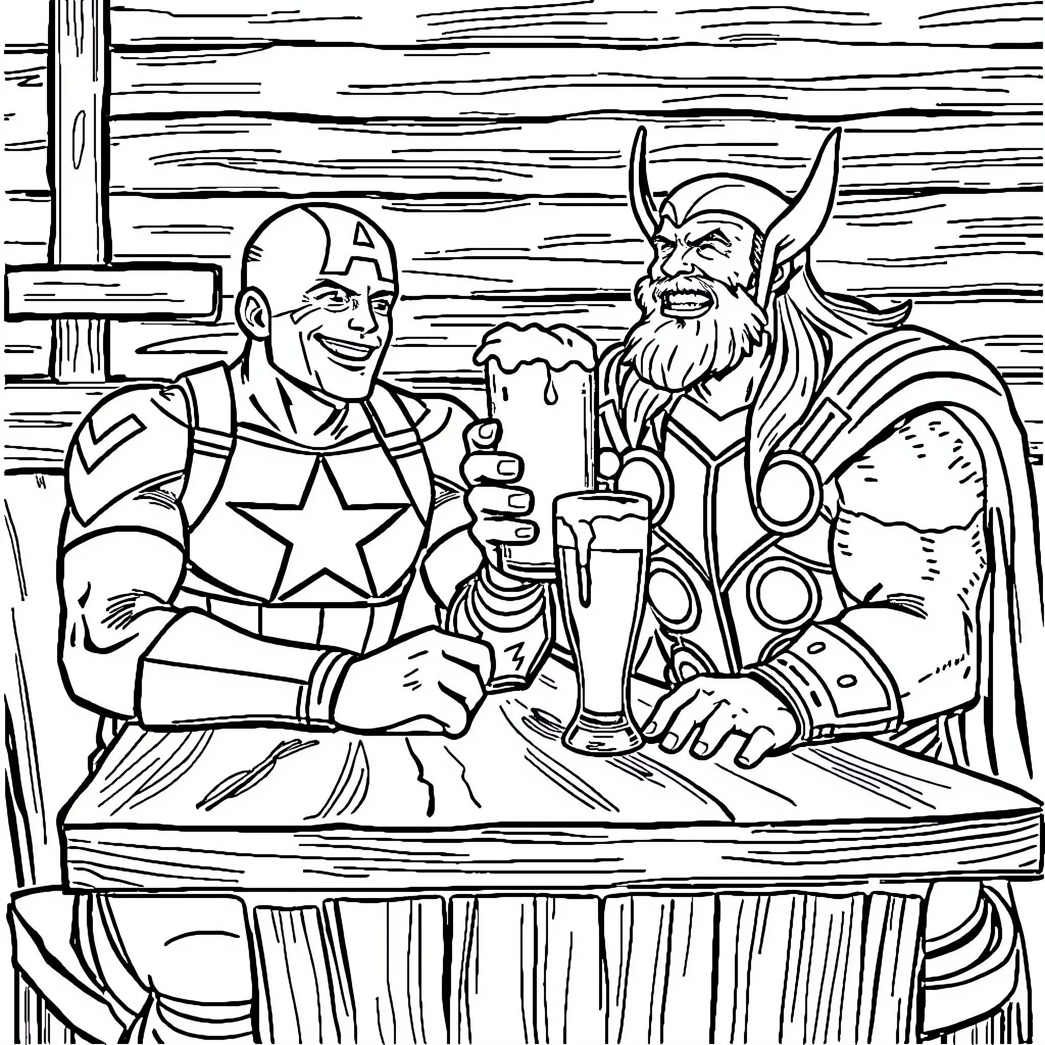 Captain America and Thor Enjoying a Drink Together Coloring Page (free black-and-white line drawing printable PDF for all, from beginners to advanced learners, including children, teens, adults, and seniors)