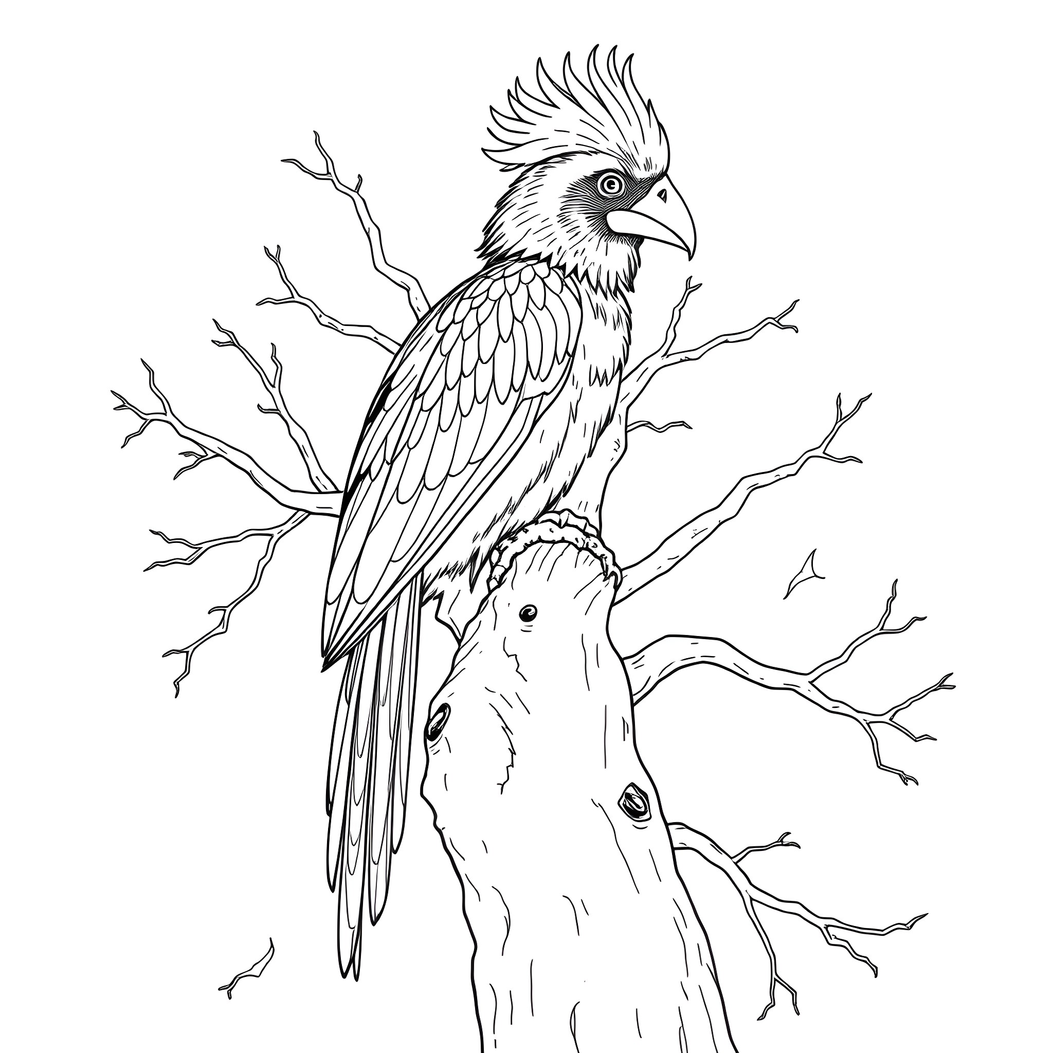 Akepe Majestic Avian Perched on Bare Branches Coloring Page (free black-and-white line drawing printable PDF for all, from beginners to advanced learners, including children, teens, adults, and seniors)