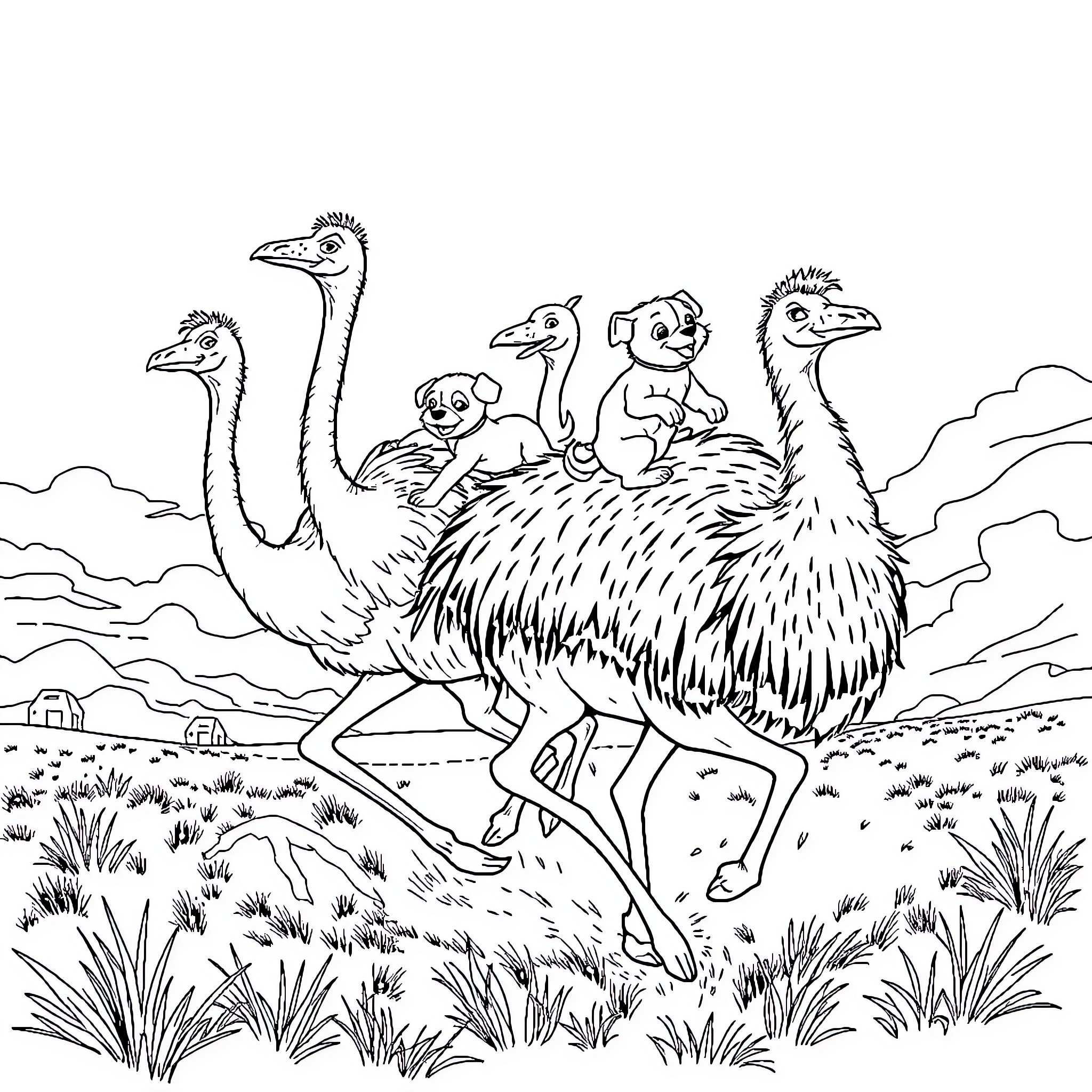 Puppies playing happily with ostriches in the field Coloring Page (free black-and-white line drawing printable PDF for all, from beginners to advanced learners, including children, teens, adults, and seniors)