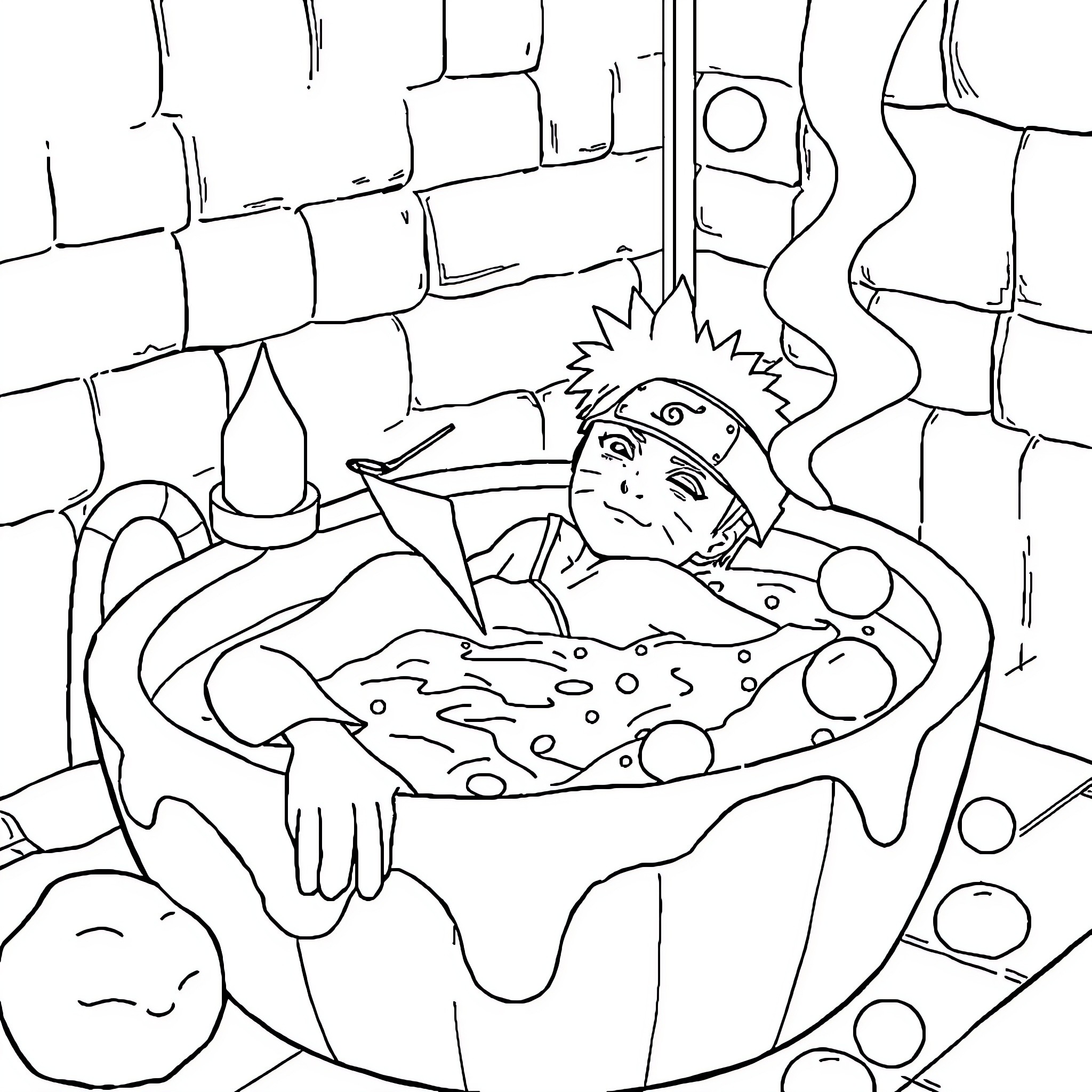 Naruto enjoying a relaxing hot spring Coloring Page (free black-and-white line drawing printable PDF for all, from beginners to advanced learners, including children, teens, adults, and seniors)