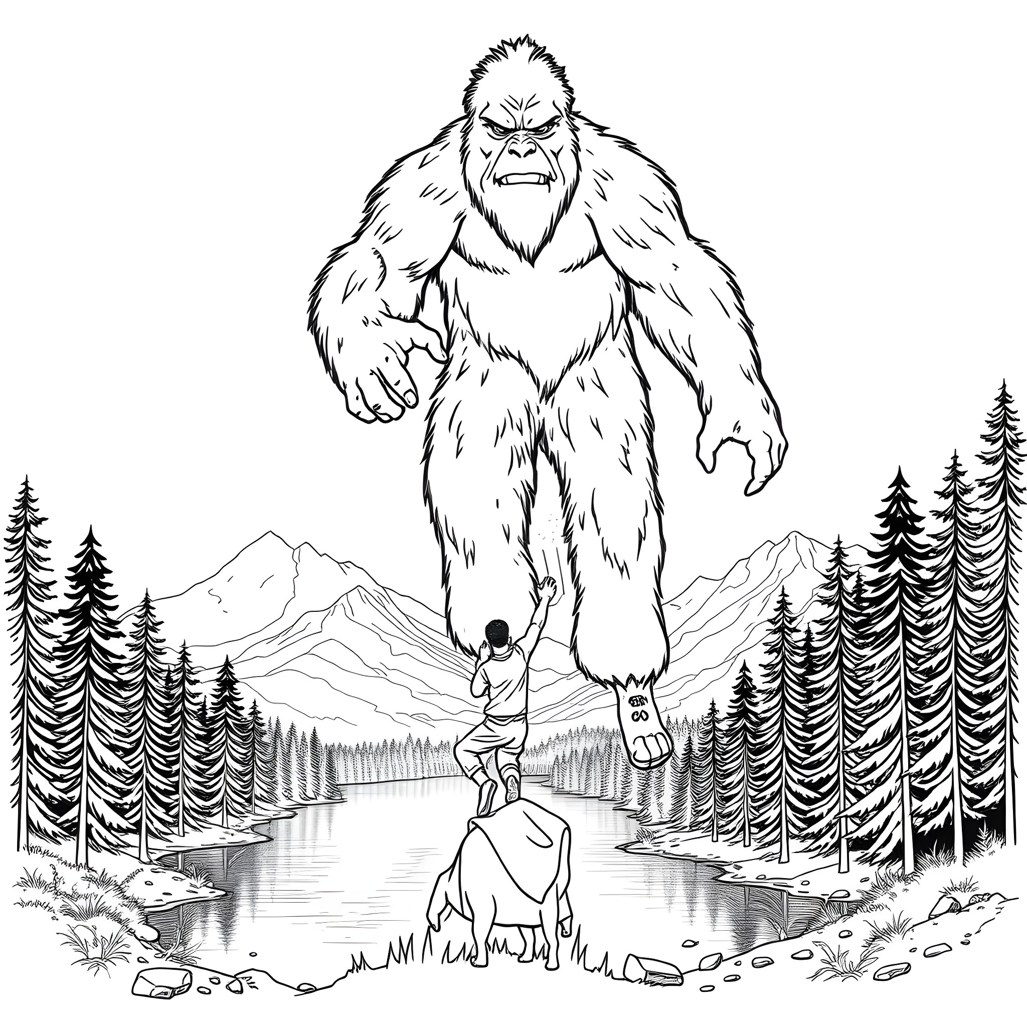 Bigfoot stomping through the wilderness Coloring Page (free black-and-white line drawing printable PDF for all, from beginners to advanced learners, including children, teens, adults, and seniors)