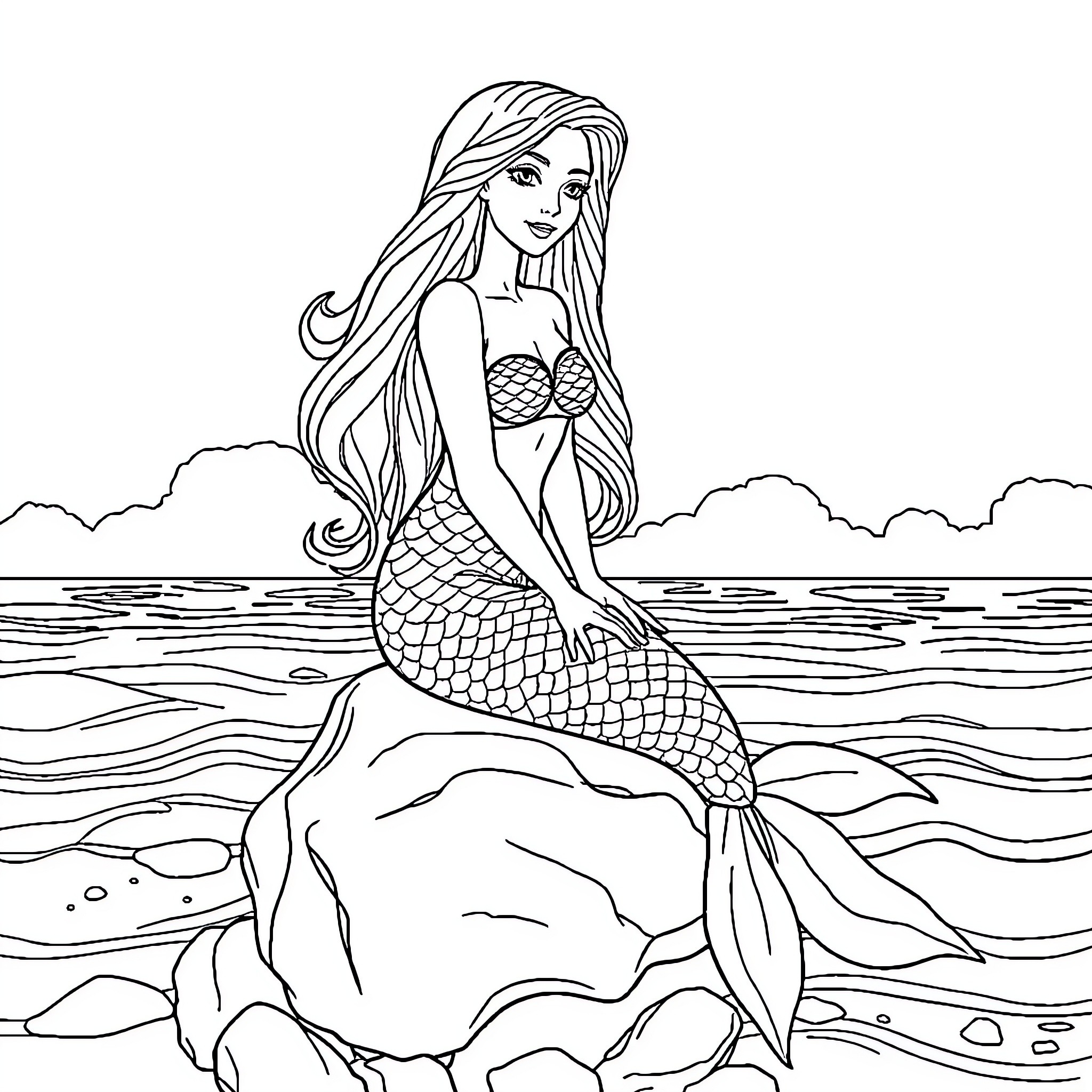 Mermaid relaxing on a rocky shore Coloring Page (free black-and-white line drawing printable PDF for all, from beginners to advanced learners, including children, teens, adults, and seniors)