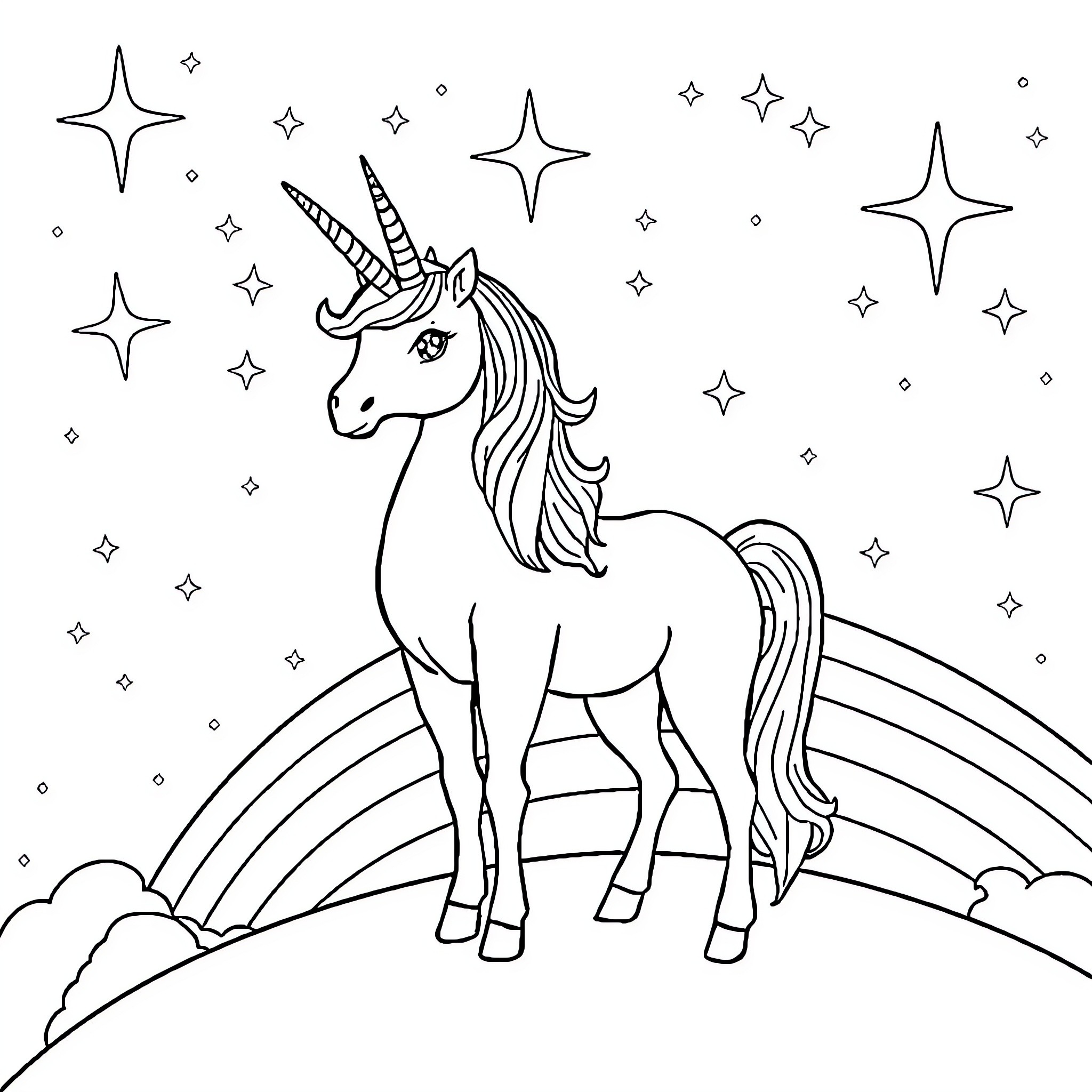 Unicorn standing proudly under a starry sky Coloring Page (free black-and-white line drawing printable PDF for all, from beginners to advanced learners, including children, teens, adults, and seniors)
