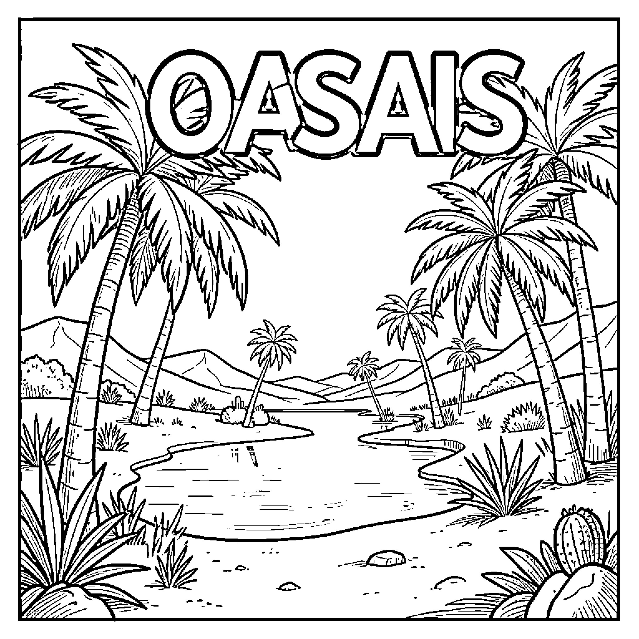 Oasis with palm trees and scenic landscape Coloring Page (free black-and-white line drawing printable PDF for all, from beginners to advanced learners, including children, teens, adults, and seniors)
