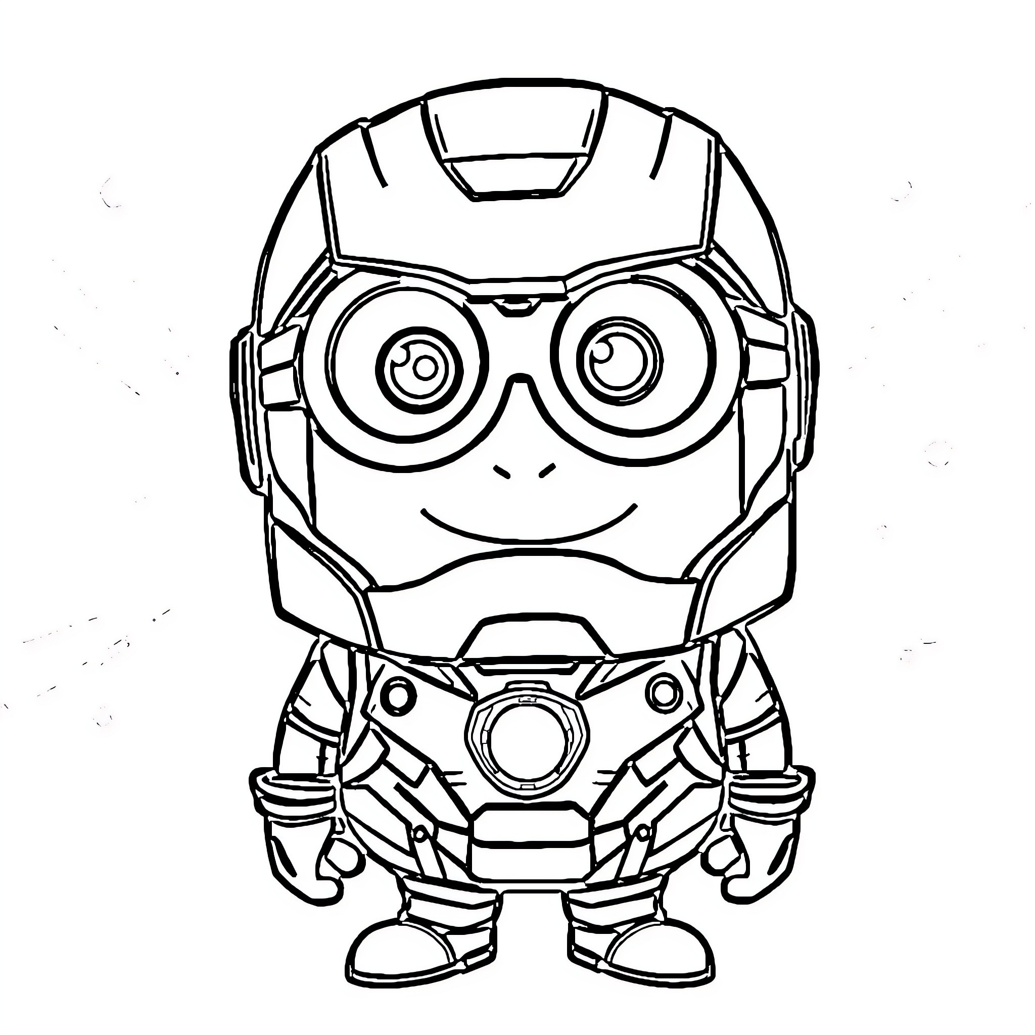 Minion in an Iron Man-like suit Coloring Page (free black-and-white line drawing printable PDF for all, from beginners to advanced learners, including children, teens, adults, and seniors)