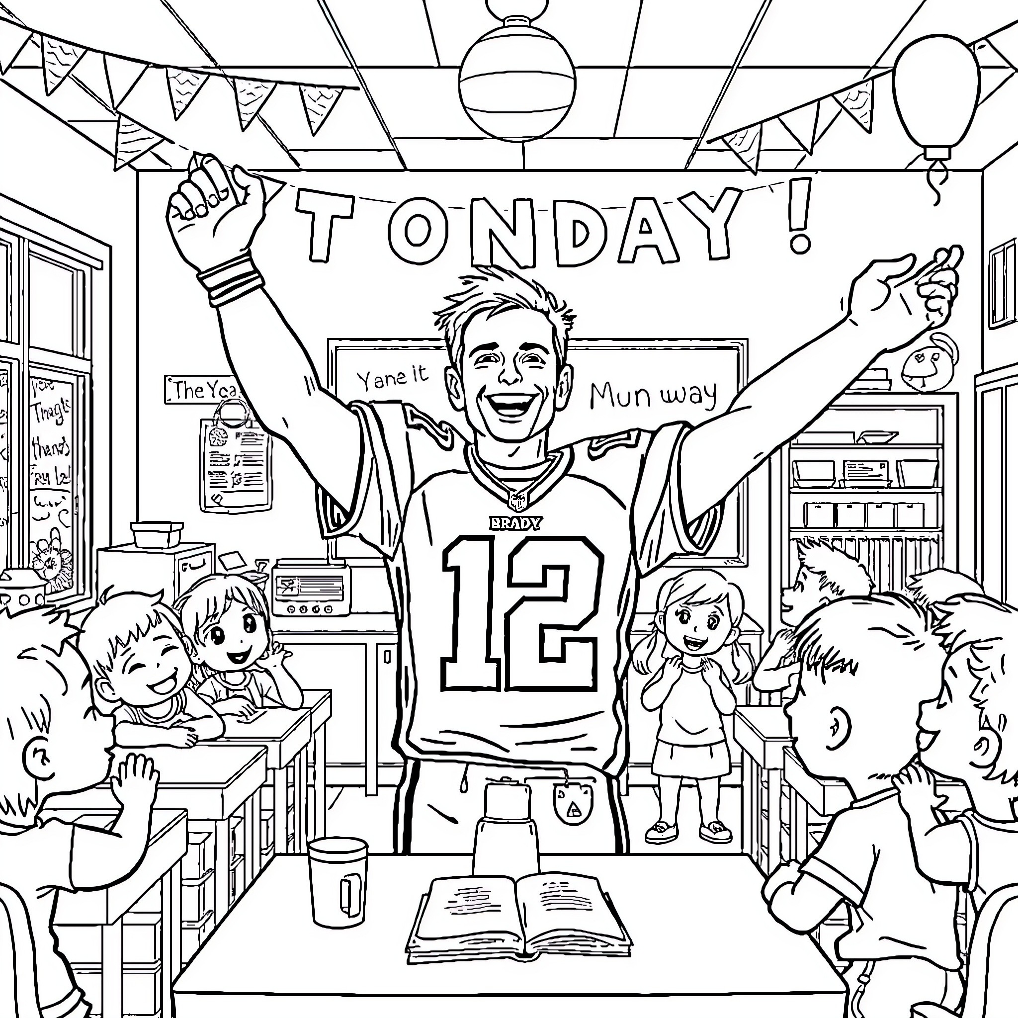 Tom Brady Celebrating Victory in the Classroom Coloring Page (free black-and-white line drawing printable PDF for all, from beginners to advanced learners, including children, teens, adults, and seniors)