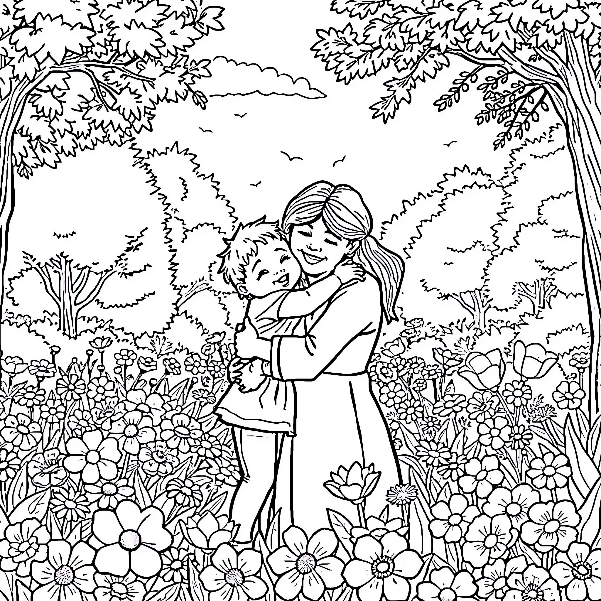 Child embracing another child in a floral garden Coloring Page (free black-and-white line drawing printable PDF for all, from beginners to advanced learners, including children, teens, adults, and seniors)