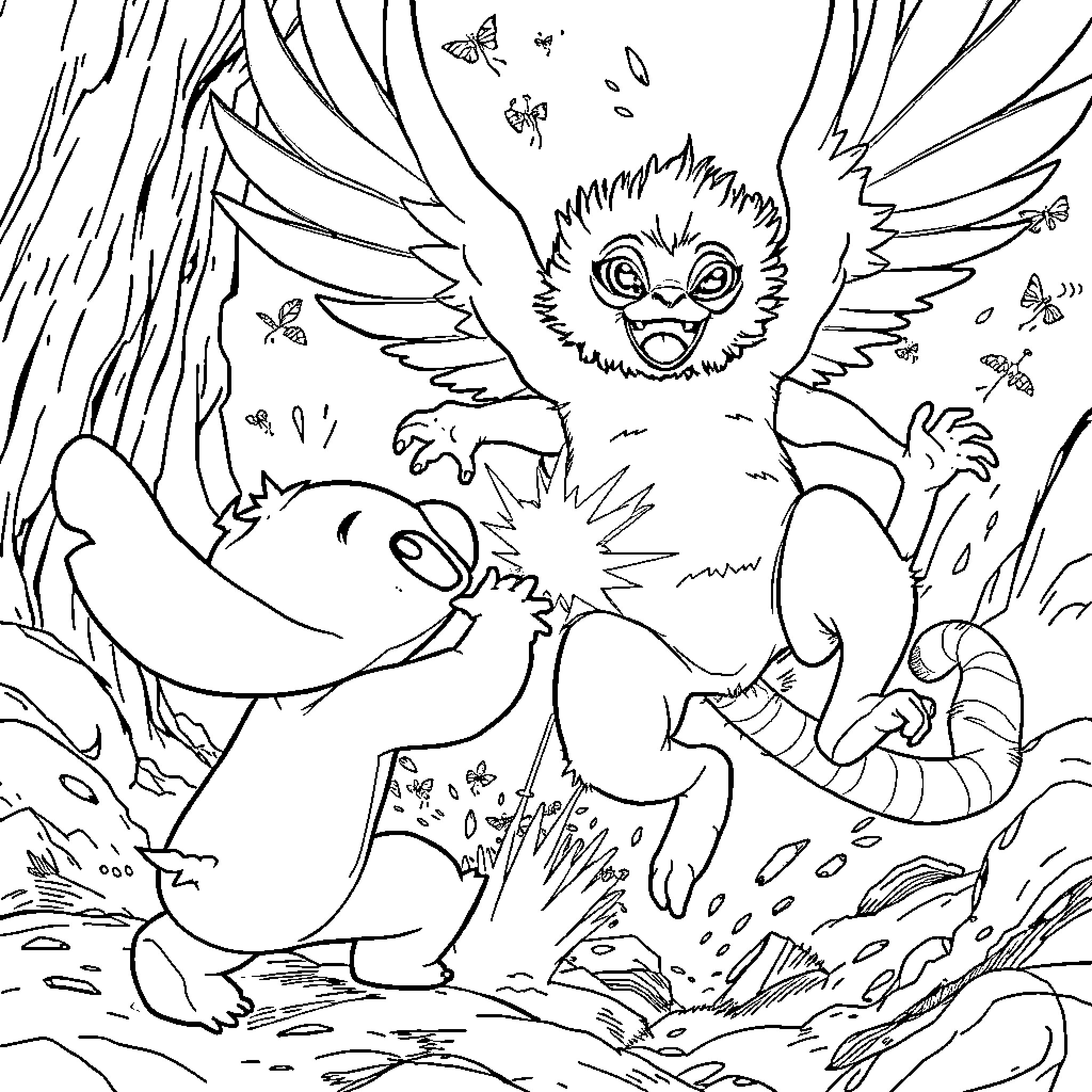 Stitch with Furry Creatures in a Playful Scene Coloring Page (free black-and-white line drawing printable PDF for all, from beginners to advanced learners, including children, teens, adults, and seniors)