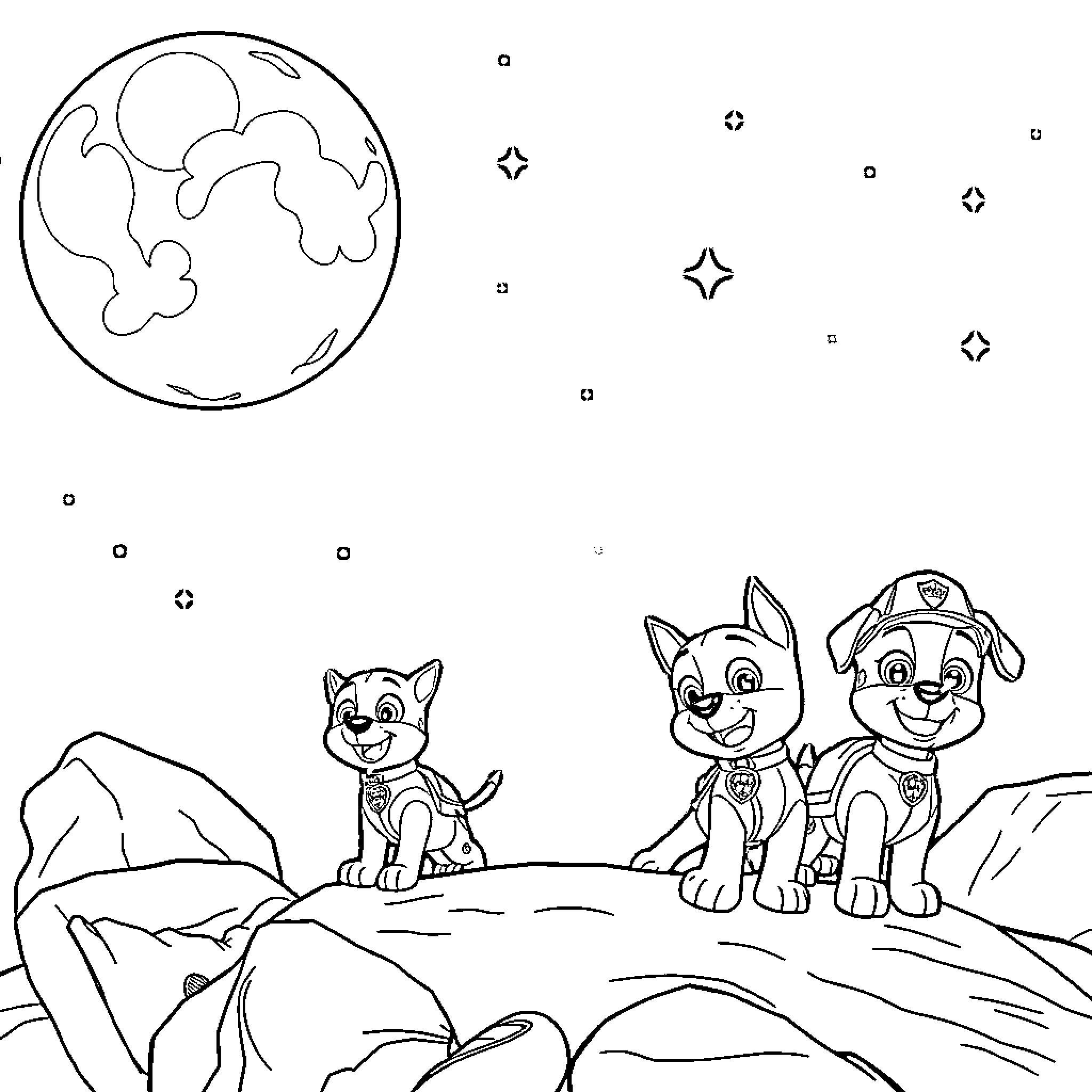 Paw Patrol characters explore the galaxy Coloring Page (free black-and-white line drawing printable PDF for all, from beginners to advanced learners, including children, teens, adults, and seniors)