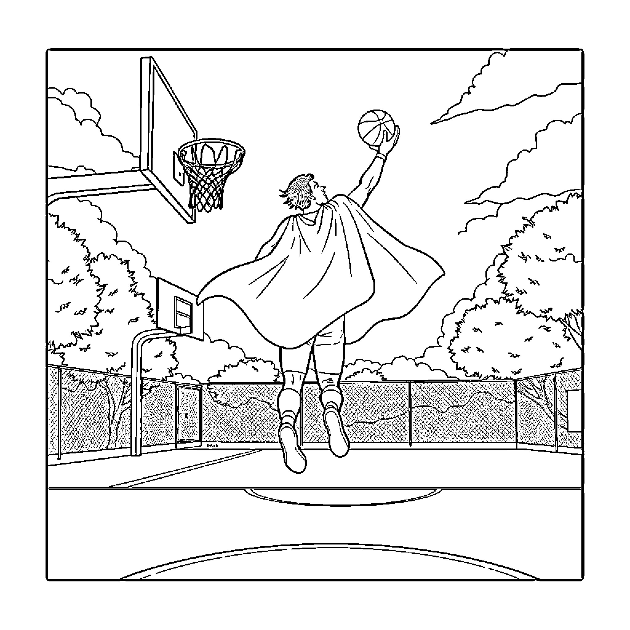 Superman dunking a basketball on the outdoor court Coloring Page (free black-and-white line drawing printable PDF for all, from beginners to advanced learners, including children, teens, adults, and seniors)
