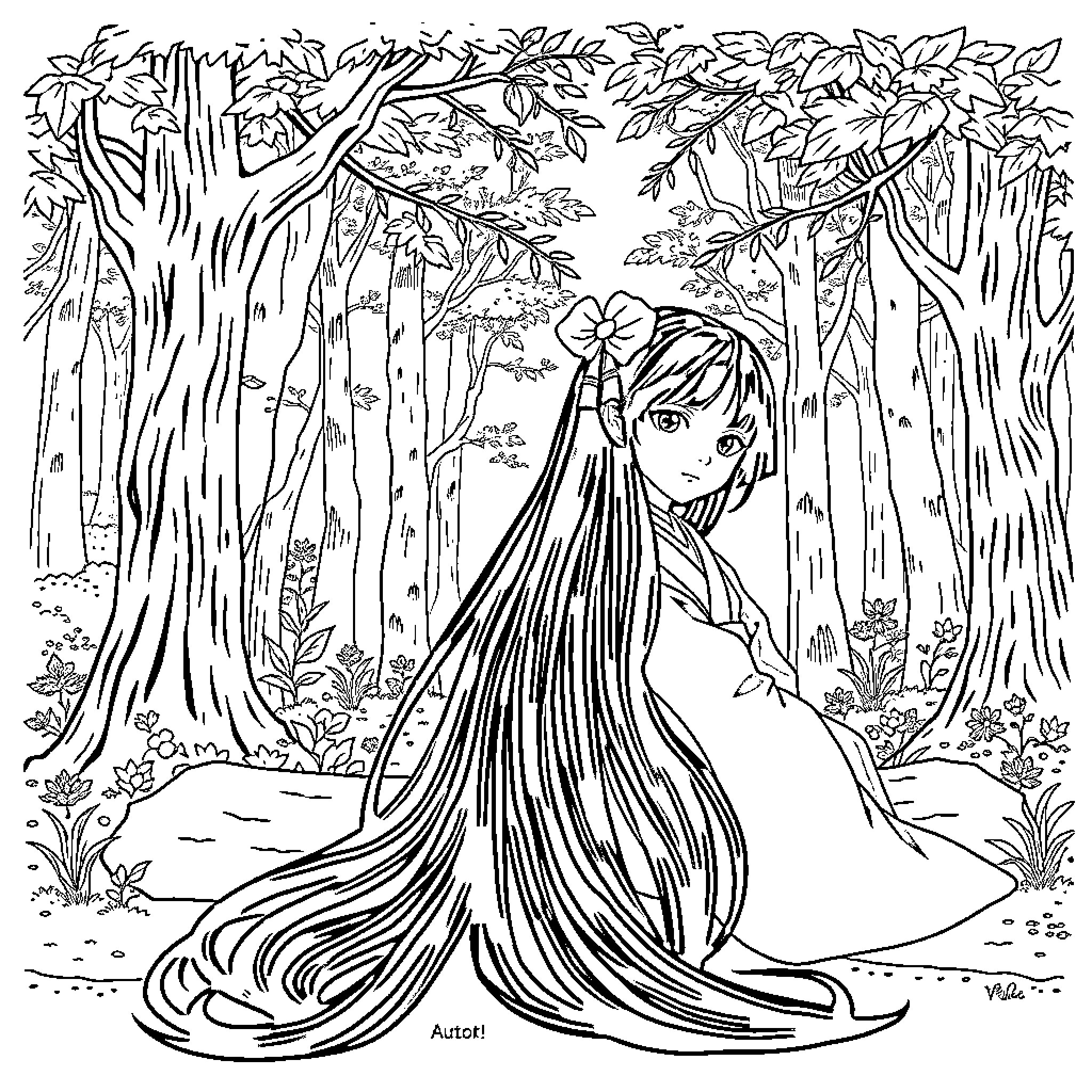 Nezuko in a serene forest landscape Coloring Page (free black-and-white line drawing printable PDF for all, from beginners to advanced learners, including children, teens, adults, and seniors)