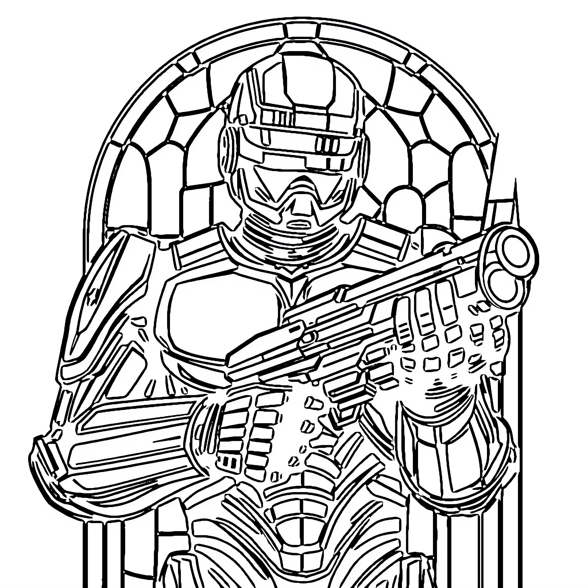Robocop in Armored Suit Wielding Futuristic Weapon Coloring Page (free black-and-white line drawing printable PDF for all, from beginners to advanced learners, including children, teens, adults, and seniors)