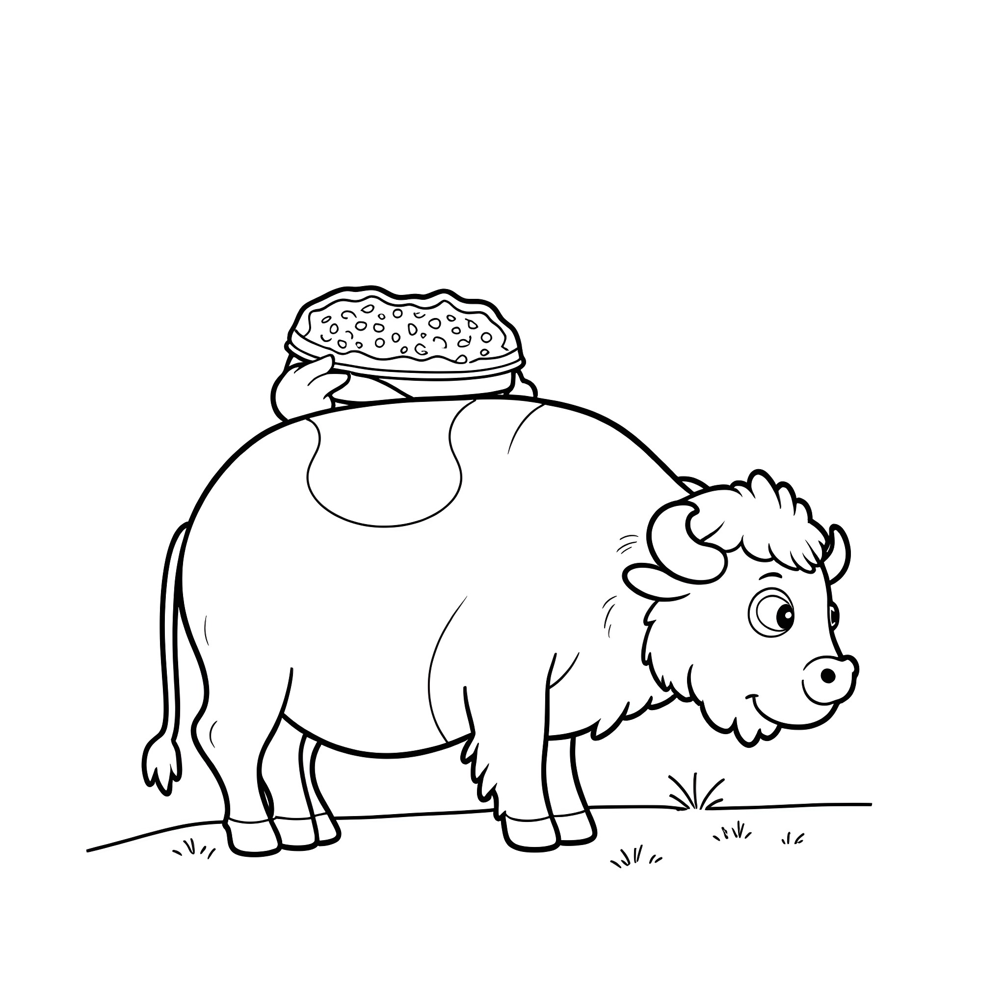 Pizza-loving buffalo enjoys a tasty treat Coloring Page (free black-and-white line drawing printable PDF for all, from beginners to advanced learners, including children, teens, adults, and seniors)