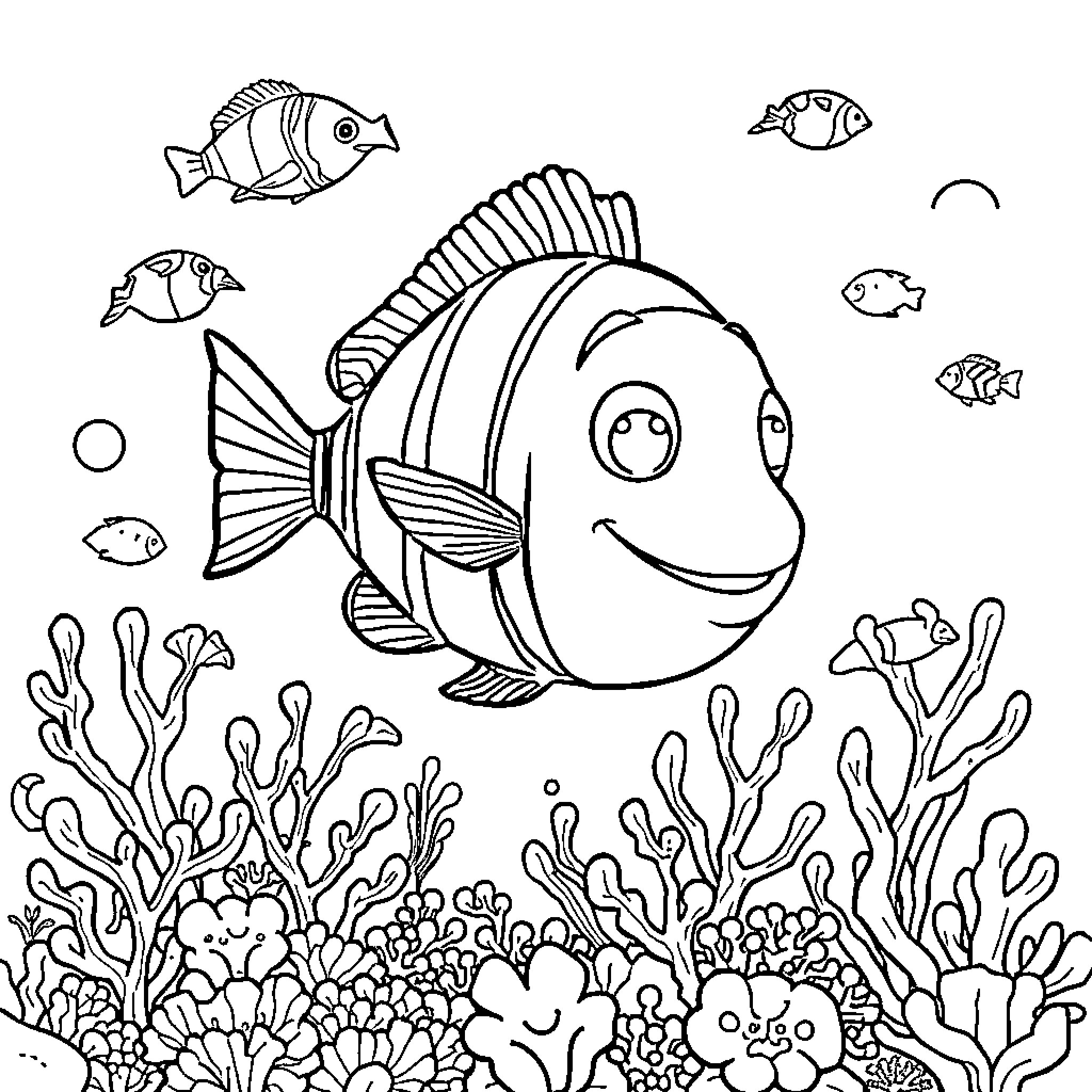 Subaquatic Character's Playful Underwater Scene Coloring Page (free black-and-white line drawing printable PDF for all, from beginners to advanced learners, including children, teens, adults, and seniors)
