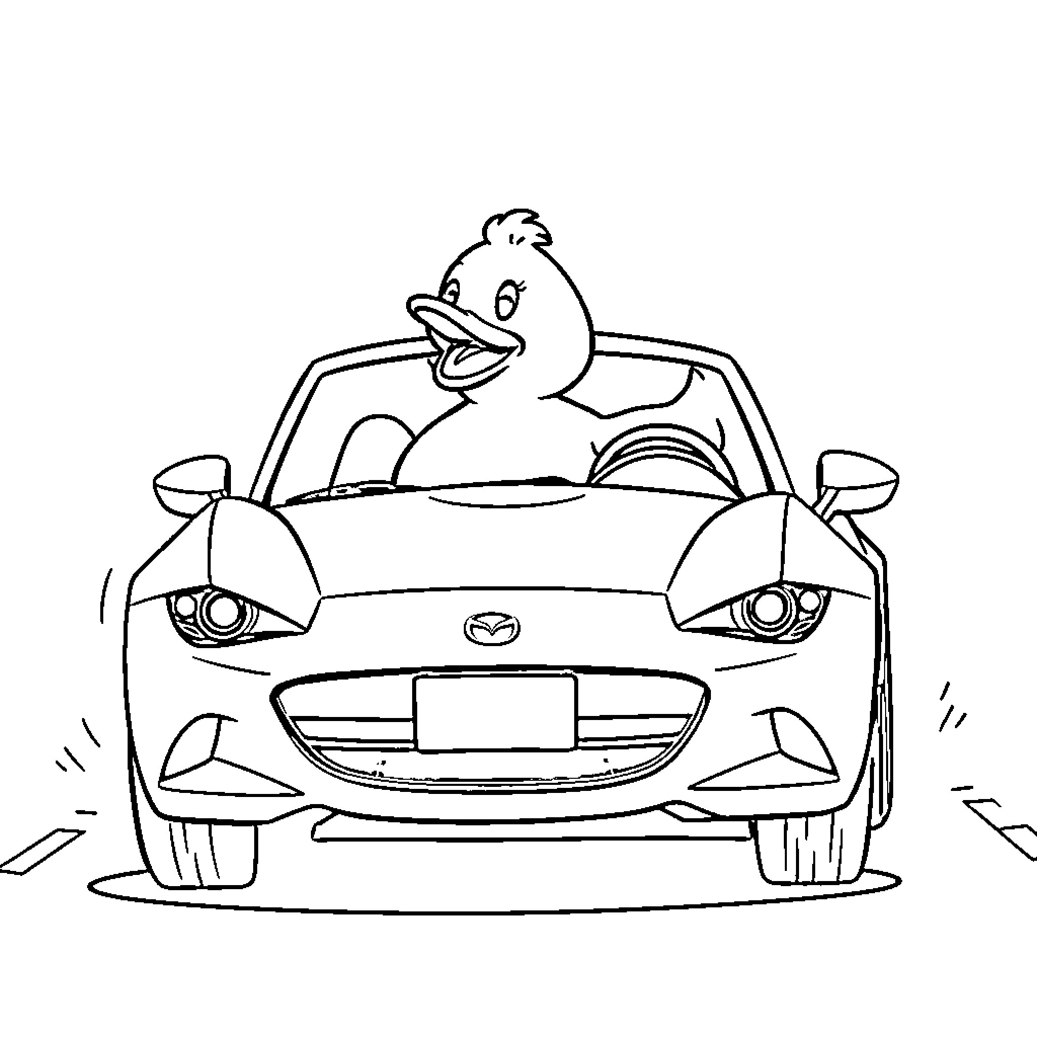 Rubber Duck driving a sports car Coloring Page (free black-and-white line drawing printable PDF for all, from beginners to advanced learners, including children, teens, adults, and seniors)