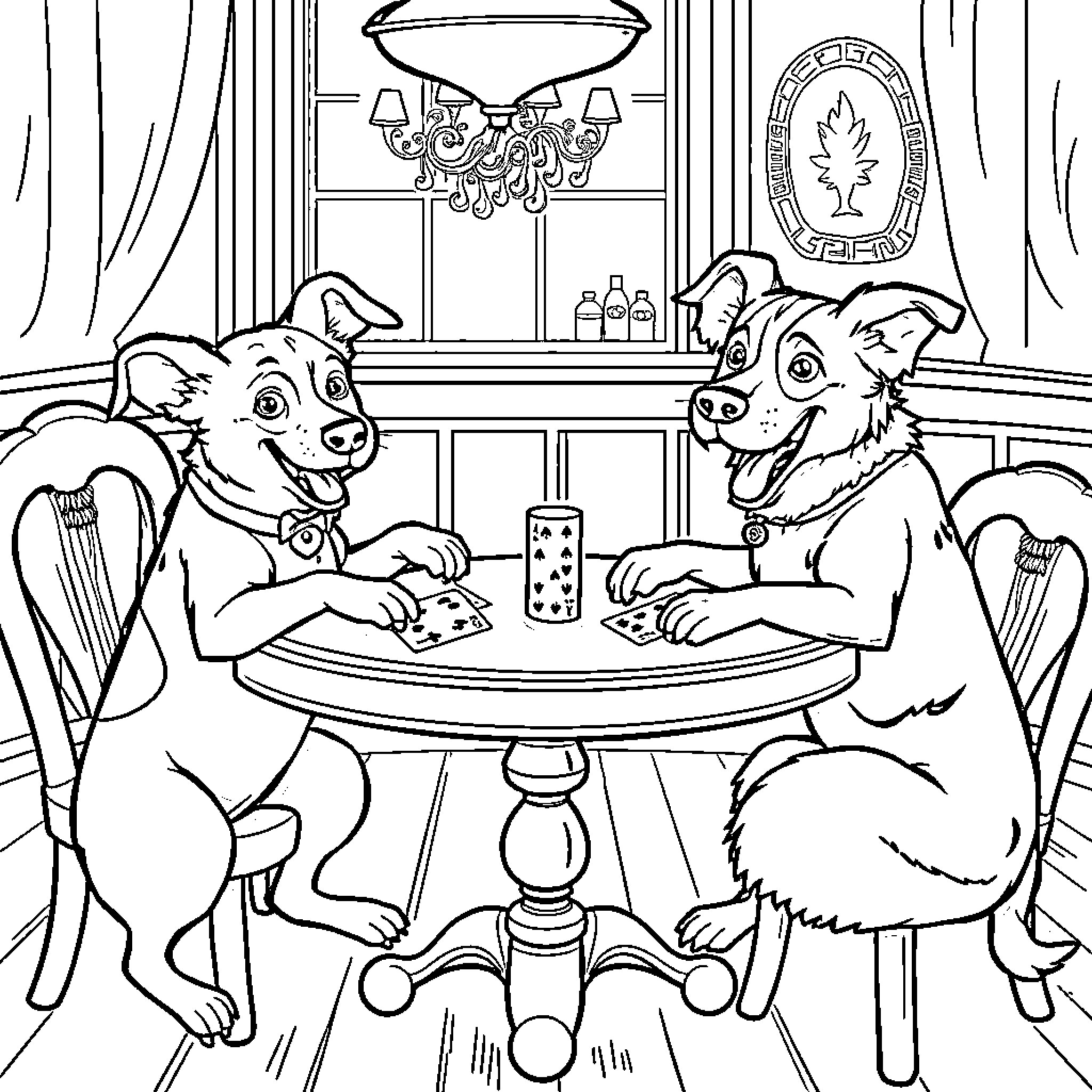 Dog friends enjoying a cozy meal together Coloring Page (free black-and-white line drawing printable PDF for all, from beginners to advanced learners, including children, teens, adults, and seniors)