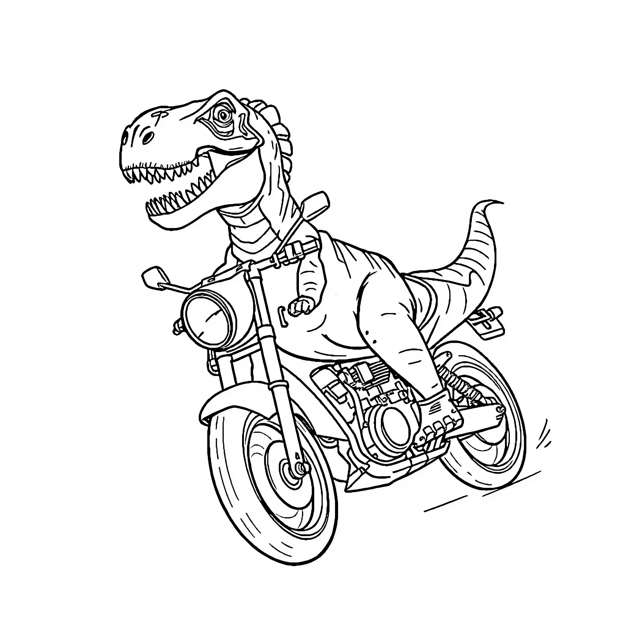 Dinosaur riding a motorcycle with enthusiasm Coloring Page (free black-and-white line drawing printable PDF for all, from beginners to advanced learners, including children, teens, adults, and seniors)